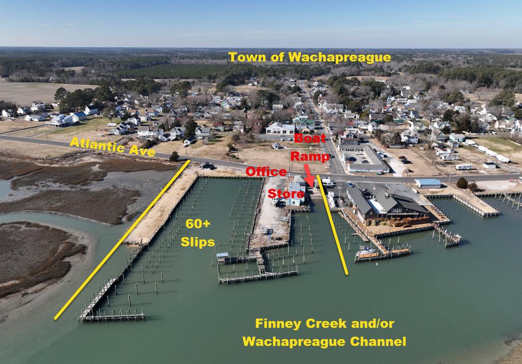 Seaside Marina on the Delmarva Peninsula located in the charming town of Wachapreague, VA.  Located on a deep channel only minutes from the Atlantic Oean. The facility features are 50 to 60+ Boat slips (depending on your use) for recreational or commercial use, Boat ramp for launching & Retrieval, Office and Store/Restaurant located in the town of Wachapreague known as the Flounder Capital.  Here is your change to own a Marina with strong roots on the Eastern Shore.  The town of Wachapreague has a strong present with VIMS, Coast Guard and many other businesses.  A set of plan to refurbish the marina is attached.  The property is hooked to central sewage system (HRSD).  The property has various possibilities (Commercial, Residential, etc.) with its strategic waterfront location.
