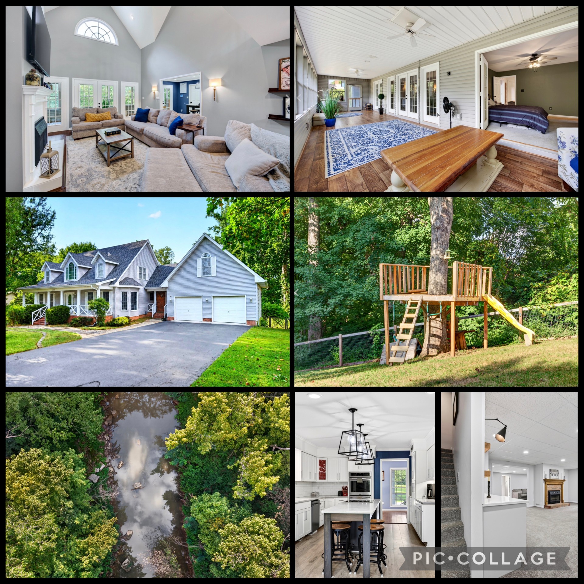 Charming Cape Cod situated on a beautiful  0.68-ACRE RIVER LOT with mature trees, gorgeous landscaping, and a GIGANTIC rocking-chair front porch—all while NOT located in a flood zone! Step inside to soaring two-story ceilings, real hardwood floors, and a stunning living room featuring a gas fireplace and an entire wall of windows and doors that fills the home with natural light. A beautiful catwalk overlooks the main living area, adding even more character.The spacious kitchen features quartz countertops, backsplash, a large island with built-in cooktop, and new flooring, while the formal dining room is perfect for entertaining. The main-level primary suite features French doors leading directly to the gorgeous Florida room, where walls of windows showcase peaceful views of the private, tree-lined backyard and river. An additional main-level office with French doors offers the perfect work-from-home space or additional bedroom option.Upstairs you’ll find two oversized bedrooms, a full bath, plus charming bonus nooks ideal for play areas, reading spaces, or extra storage. The HUGE main-level laundry/mudroom is located just off the attached two-car garage and offers a utility sink, folding area, and tons of cabinetry.The walkout basement feels like an entirely separate living space with TWO living areas, a beautiful fireplace, bonus space, built-in beverage bar, full bathroom, hobby/woodworking room, and an additional room currently used as a bedroom (no window/egress). Step outside to an expansive concrete patio stretching across the back of the home and enjoy the fenced backyard, mature trees, and tranquil river backdrop.NO HOA, approximately 15 miles to Fort Campbell, with convenient access to the highway, shopping, restaurants, and everyday amenities. Incredible space, character, privacy, and a RIVER LOT—this one is truly special!