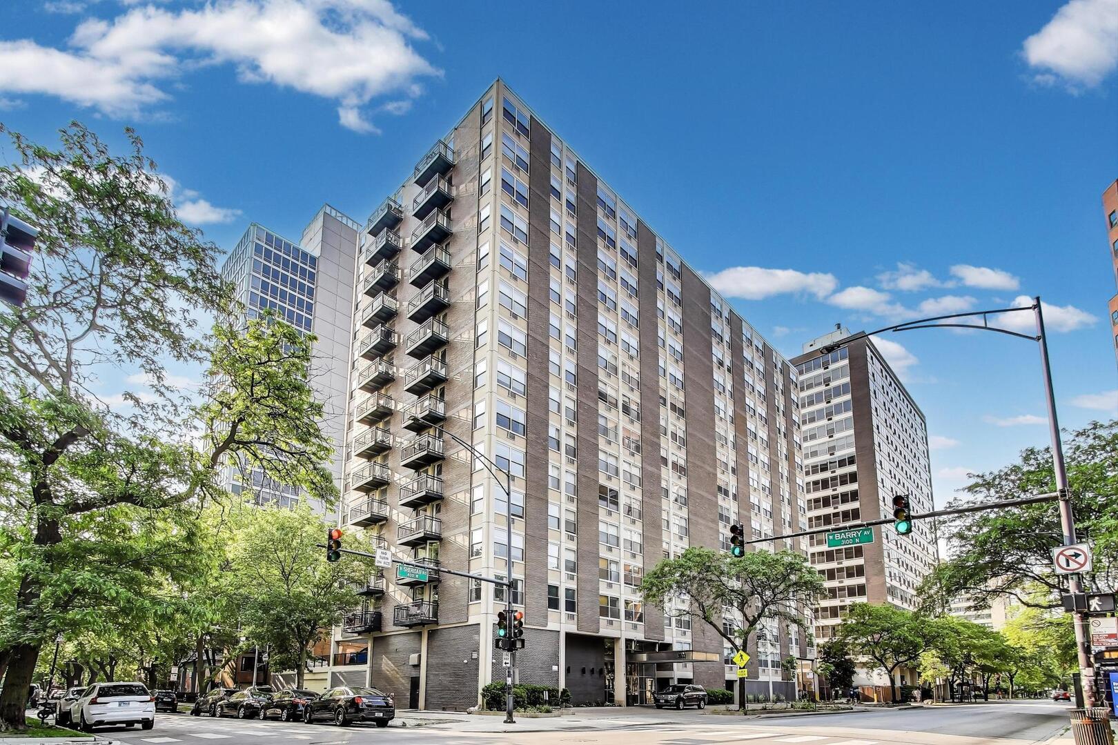 Highly desirable location, 1/2 block from park and lakefront. GARAGE PARKING INCLUDED. In-unit laundry.  Kitchen with granite counters and eating space.  Large living room with tree-lined views.  16th floor sundeck with grills, seating areas, and unobstructed views of the lakefront (perfect for air and water show!) Storage locker.  Ready for quick close. Please note, primary bedroom now has matching wood grain floors... these photos are before floors were installed.