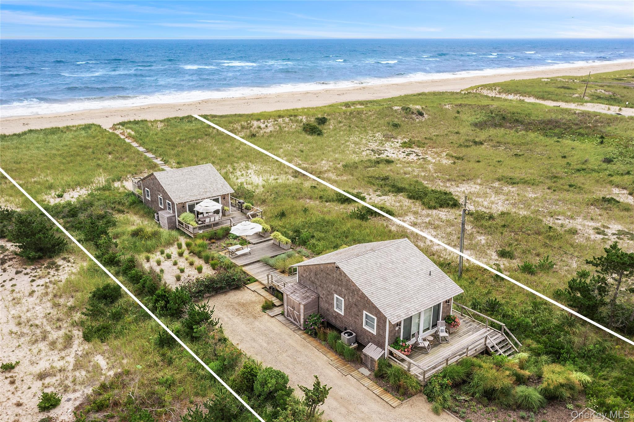 Welcome to 27 Dune Road, East Quogue, a unique oceanfront haven. This property boasts not one, but two beautifully transformed beach cottages, nestled on an expansive 0.87 acre lot with 75 ft. of ocean frontage. Enjoy uninterrupted 360-degree bayfront views, a sight that promises tranquility. Crafted to perfection in 2019 by Coastal Management, each cottage is a testament to exceptional craftsmanship, featuring custom-designed kitchens, dining and living areas, and a loft. The bayfront cottage offers three bedrooms, two bathrooms, a sunset-viewing deck, and an Oceanside patio. The oceanfront cottage, designed for those seeking privacy, provides a primary bedroom, 1.5 bathrooms, and ample outdoor spaces for beachside entertainment. The loft above adds an extra layer of charm and functionality to these delightful spaces. The upgrades are notable, including new mechanicals, full-sized washer & dryer, water filtration system, custom built-ins for extra storage, and a shed for bicycles. An outdoor shower, a sandy sitting area, and a private walkway to the ocean enhance the outdoor living experience. This unique property sits adjacent to town-owned land, offering additional privacy. With direct ocean access and unobstructed sunset views, 27 Dune Road is a rare find you won't want to miss.