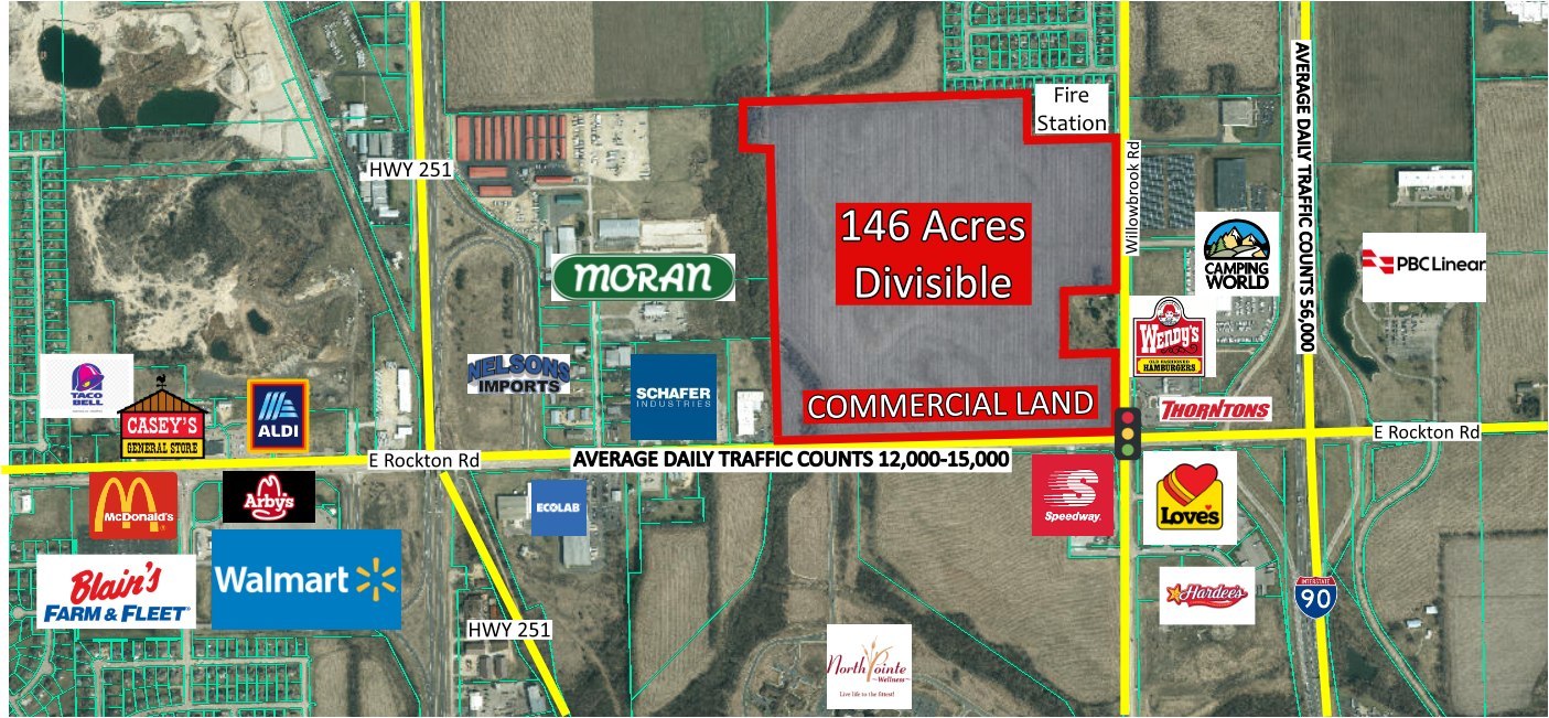 146.88 acres of commercial land in prime spot just off Interstate 90/39 and just south of the WI state line. Land is located on the northwest corner of Willowbrook and Rockton Roads. Many opportunities are present for this land.  Zone Commerical Highway (CH). Willing to divide.  Possible Lease Contract available.
