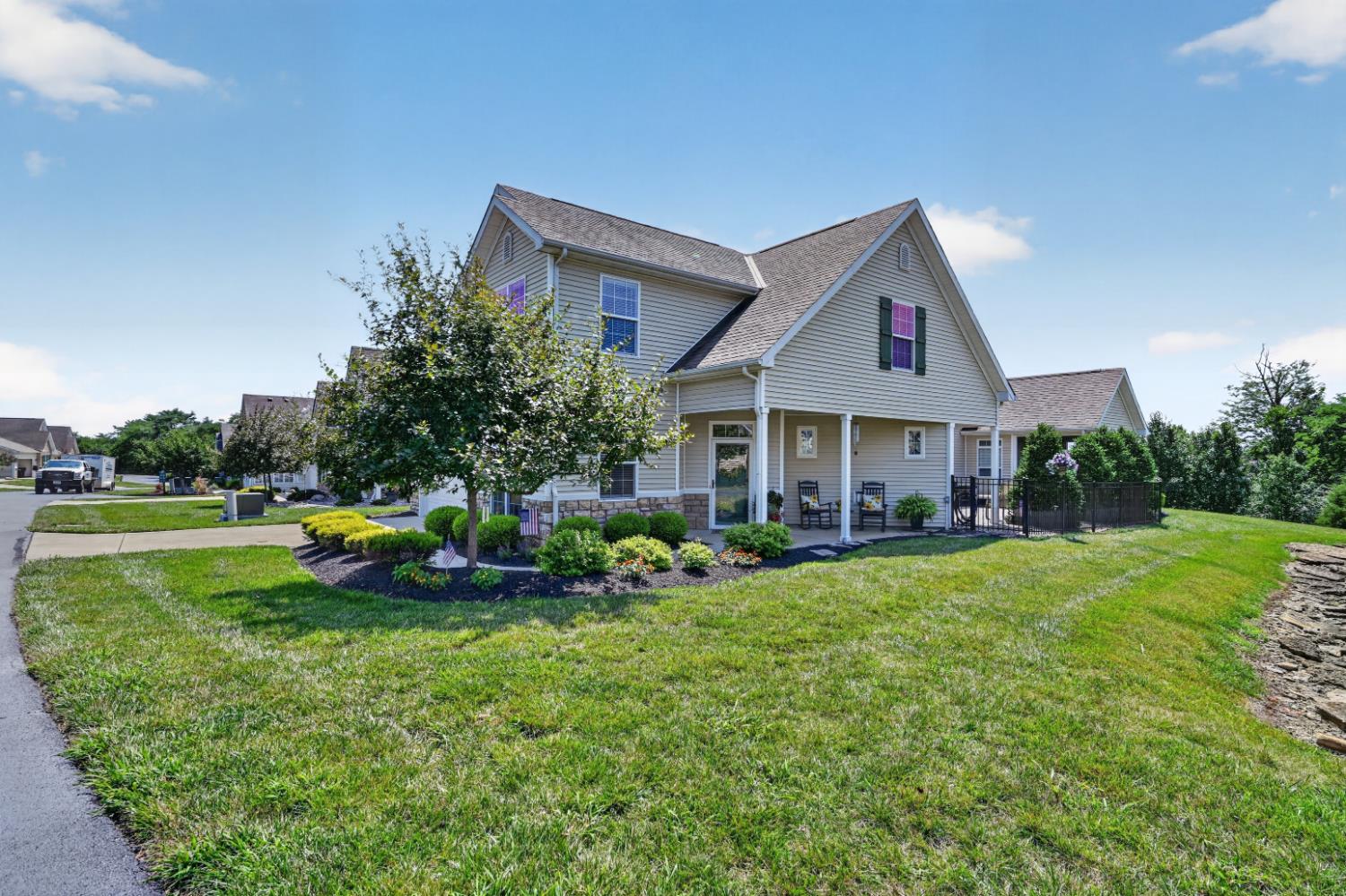 Want a home without the outside maintenance? This free-standing landominium has it all - loaded w/ upgrades in a sought-after over 55 community! Open floorplan with 9' ceilings, hickory hardwood floors, Great Room w/ stacked stone FP flanked by buffet cabinets & a wall of windows to let the outdoors in. White kitchen w/ stainless appliances, double convection oven & 8'+ granite island! Luxury Master has large bedroom w/ trey ceiling & walk-out to screen porch, megabath w/ extra ht double vanity & awesome full-size walk-in shower, & large walk-in closet, all handicap accessible. Crown molding & sound system thru-out main level. Second floor makes great in-law or guest suite, w/ Family Room, bedroom & bath. Plumbing in 1 wall for easy installation of kitchenett/wet bar. Paver courtyard w/ nat'l gas firepit & screen porch for outdoor living! Oversized garage, lots of pantry & storage space & more. Like new - just move in & enjoy!