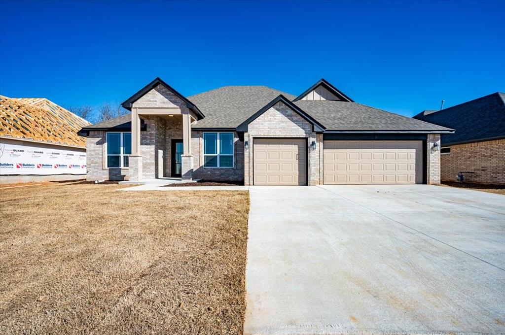 Builder Summer Bonus! Get a 3-2-1 rate buydown (up to $15,000 value) with the builder's preferred lender—plus a $5,000 credit toward improvements or closing costs. Offer valid with accepted contract through August 31, 2025. Every inch of this new home has been thoughtfully designed! From a full-height front porch to the sleek steel entry door, this place has presence. You'll find plenty of space in this open-plan perfect for entertaining and everyday living. The kitchen is spacious and ready for whatever—lots of counter space, a walk-in pantry, and a feature gas log fireplace to add that extra bit of warmth. The primary suite is a true retreat, a 10’ vaulted ceiling that gives it a lofty, airy feel. The massive bath is so spacious, you might need a map to navigate; it offers a walk-in shower, a freestanding tub, and a closet so big, you might just want to take a nap in it. It’s everything you need and more. For guests, there’s a chic powder room, and two of the bedrooms share a modern Jack and Jill bathroom, complete with a separate toilet room for a little extra privacy. The fourth bed doubles as a home office, a guest room, or whatever else you envision. Let’s talk about storage. You’ll find built-in linen cupboards that keep your space organized and stylish. Not to mention the sleek, built-in floating shelves that elevate the living space—because, who says function can’t also be fabulous? Step outside to the 18’ patio—perfect for dining, relaxing, or simply enjoying the fresh air. The backyard is your own personal woodland oasis, filled with trees and just waiting for you to enjoy. And, as a bonus, the neighborhood has its own lake, great for fishing, kayaking, or taking a peaceful stroll. With an oversized 3-car garage, you’ll have all the space you need for storage, gear, or whatever else you need to keep handy. Close to Highway 9 and just 3 miles from OU campus, there’s easy access to the heart of Norman and beyond!