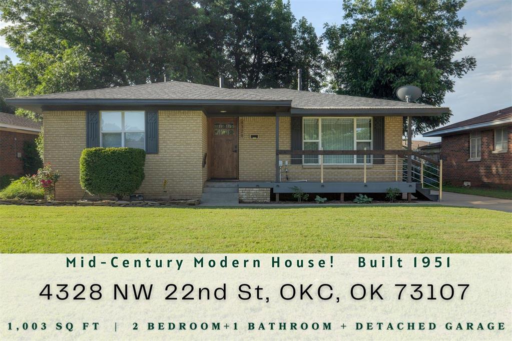 * * Welcome HOME to 4328 NW 22nd Street in the Grady Musgrave Addition! This cozy, classic mid-century home was built in 1951 with timeless character and solid bones! New roof in (2023), remodeled bathroom, updated kitchen countertops and backsplash, interior paint, landscaping, inviting front porch, beautiful refinished hardwood floors, and a sprinkler system (installed ~2023).  * * Step outside to your private and spacious backyard, where you'll find plenty mature trees and room for outdoor activities, gardening, or relaxing under the stars. * *  It also has a 1 car detached garage to park your car or use as extra storage. Washer/Dryer, and Refrigerator all negotiable! Conveniently located close to Plaza District, Paseo District, Uptown 23rd and downtown OKC! * * GREAT starter home or investment property, come see it TODAY!! * *
