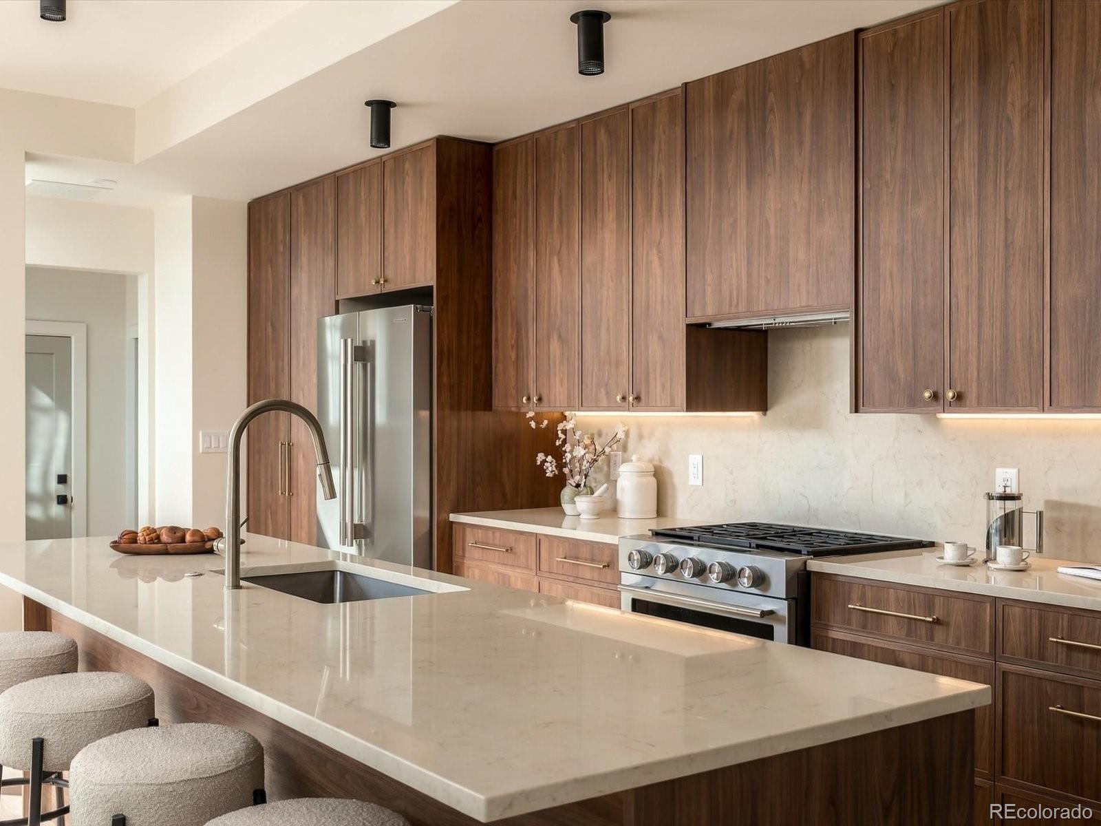 A rare expression of modern Denver living, where architectural design, thoughtful function and an exceptional Sloan’s Lake setting come together. Brand-new construction with the scale, privacy and presence of a luxury single-family residence, this 5-bedroom, 5-bath home offers 3,223 finished square feet across three levels plus a full finished basement.Natural light fills the interiors, highlighting custom walnut cabinetry, refined millwork, and carefully selected contemporary finishes. The kitchen anchors the main level with generous quartz surfaces, a substantial island, designer lighting and a premium KitchenAid appliance package, flowing seamlessly into the dining and living spaces. A statement fireplace and dedicated main-floor office add both character and flexibility.Upstairs, generously proportioned bedrooms and beautifully appointed baths continue the home's warm, modern aesthetic with custom cabinetry, distinctive tilework and elevated fixtures. The finished basement provides additional flexibility for guests, recreation or living space.The third floor delivers something special: a versatile flex space and wet bar opening to a private rooftop deck with sweeping downtown Denver and mountain views. It is the perfect setting for morning coffee, evening cocktails or entertaining under the Colorado sky.Designed with comfort and performance in mind, the home features a highly insulated and air-sealed building envelope, R-30 continuous closed-cell foam insulation, R-60 roof insulation and low-E glazing. Private garage parking includes EV-ready infrastructure, plus the roof is solar-ready.And then there is Sloan’s Lake. Tree-lined streets, the lake and expansive park, neighborhood restaurants and coffee shops are all nearby, with easy access to West Highland and the Highlands.Sophisticated without feeling showy, thoughtfully designed without sacrificing livability, and exceptionally positioned in one of Denver’s most coveted neighborhoods.