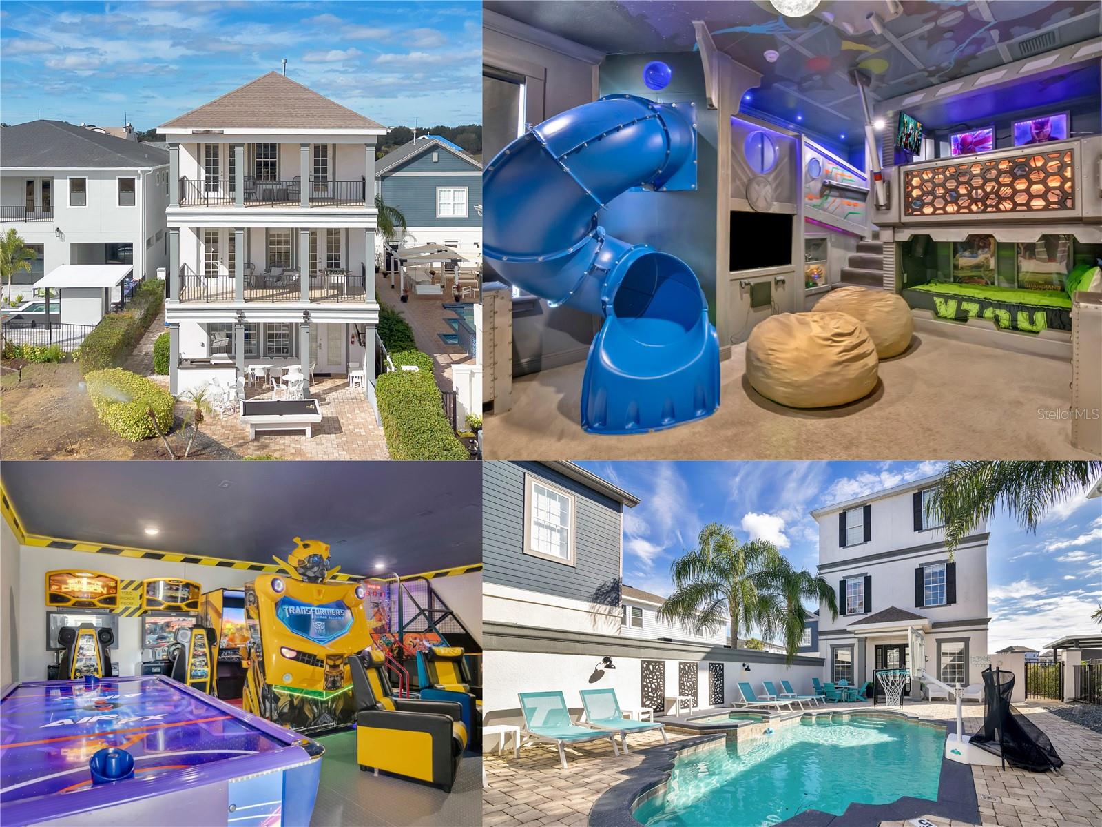 Welcome to your stunning luxury vacation home in the highly desirable Reunion Resort in Kissimmee, FL, boasting an ACTIVE and transferable Reunion Resort MEMBERSHIP, which grants access to exclusive amenities such as a 5-acre water park, three signature golf courses, tennis courts, and world-class dining. Designed for unforgettable vacations, this exceptional residence features a one-of-a-kind AVENGERS THEMED ROOM with a built-in slide, making it a dream space for young superheroes. The fun continues in the PRIVATE ARCADE, complete with racing simulators, air hockey, basketball, and classic arcade games, ensuring endless entertainment for all ages. Nestled along the golf course, this home offers breathtaking views and direct access to championship fairways, perfect for golf enthusiasts. Beyond its luxury appeal, this property presents a fantastic short-term rental opportunity, as themed vacation homes in Reunion Resort have consistently demonstrated strong income potential, commanding high nightly rates and attracting guests seeking a unique and immersive experience. With a private courtyard pool, outdoor entertainment area, movie theater, and proximity to Walt Disney World, this home is the ultimate destination for both relaxation and adventure. Whether you're looking for a dream vacation retreat or a lucrative investment property, this residence delivers unmatched luxury, entertainment, and income potential.