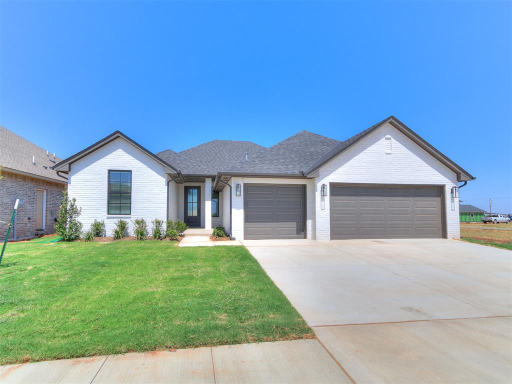 Located in the highly awarded Deer Creek School District, this stunning new build offers a perfect blend of modern design, functionality, & comfort. Just minutes from everywhere and featuring 3 bedrooms plus a DEDICATED STUDY and 2 baths, this home is ideal for growing families or professionals looking for a dedicated workspace. You're greeted by the open-concept of the RIVERDALE plan that seamlessly connects the living, dining, & kitchen areas with wood-look tile throughout. The large living room, complete with 65" Samsung Smart TV and sleek electric fireplace, provides a cozy retreat perfect for relaxation or entertaining guests. Natural light floods the space through large windows, creating a bright and inviting atmosphere. The kitchen is a chef's delight, featuring Gas cook-top, Quartz counters, center island, designer lighting & stainless steel appliances. The primary bedroom is so spacious with a walk-in closet & an en-suite bathroom complete w/ dual sinks, freestanding tub and walk-in shower providing a spa-like experience within the comfort of your home. Being an OG&E Positive Energy Home means saving on utility bills year round! The AC is 16+ seer and the furnace is 96% efficient along with 2" white blinds and ceiling fans in every room. Out in the backyard, enjoy the Oklahoma evenings under the covered patio. Other features include: Security system & Fully sodded/Landscaped w/an underground sprinkler. Garage door opener on the larger door. Full 1 year warranty! Welcome to your new Deer Creek home!