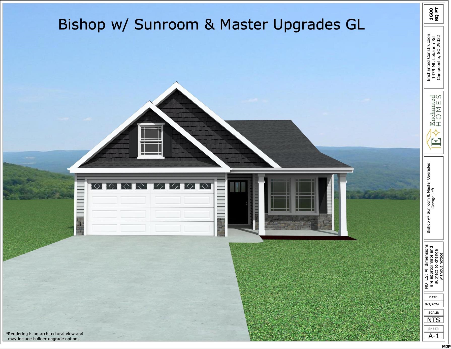 The BISHOP plan (Lot 141) has a spacious open living area and study. Master bath double vanity and garden tub in addition to the walk-in shower. Granite countertops, fireplace, crown molding with rope lighting, and many more features included. 12' X 12' sunroom overlooks a 10'x12' patio on a corner lot.  30-year architectural shingles, site-built construction, and a 10 year limited warranty are included to give you peace of mind.   *Virtual tour reflects same house plan, not exact house.