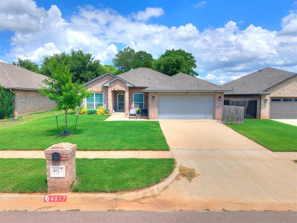 Welcome to 4617 Osprey Drive in Norman! Conveniently located near OU, shopping, dining, interstate access, and a nearby golf course, this nearly new one-owner home built in 2021 offers thoughtful upgrades and a functional layout designed for everyday living.  Upgrade features include extended front and back patios, full privacy fence, window treatments, new kitchen stone countertops, and easy-to-maintain hard surface flooring throughout the main living spaces. A storm shelter in the garage adds extra peace of mind during Oklahoma storm season.The split floor plan offers home owner privacy with two secondary bedrooms and a shared hall bath on one side of the home, while the spacious primary suite is tucked away on the other and features a vaulted ceiling, double vanity sinks, garden tub, glass shower, and a large walk-in closet. The open main living area flows effortlessly into the kitchen, dining, and backyard spaces, making it ideal for relaxing or entertaining. The kitchen is well appointed with stainless steel appliances, a central island with additional counterspace, a  true pantry, and plenty of storage space making meal prep a breekze. The dedicated study with sliding barn door located near the front of the home makes working from home easy.Outside, enjoy a backyard that opens to green space with afternoon shade for year-round living, plus additional green space in front of the home. Solar panels to remain with the home adding additional perk of low energy cost. With its thoughtful upgrades, move-in ready condition, and competitive value this home is truly worthy of closer look.