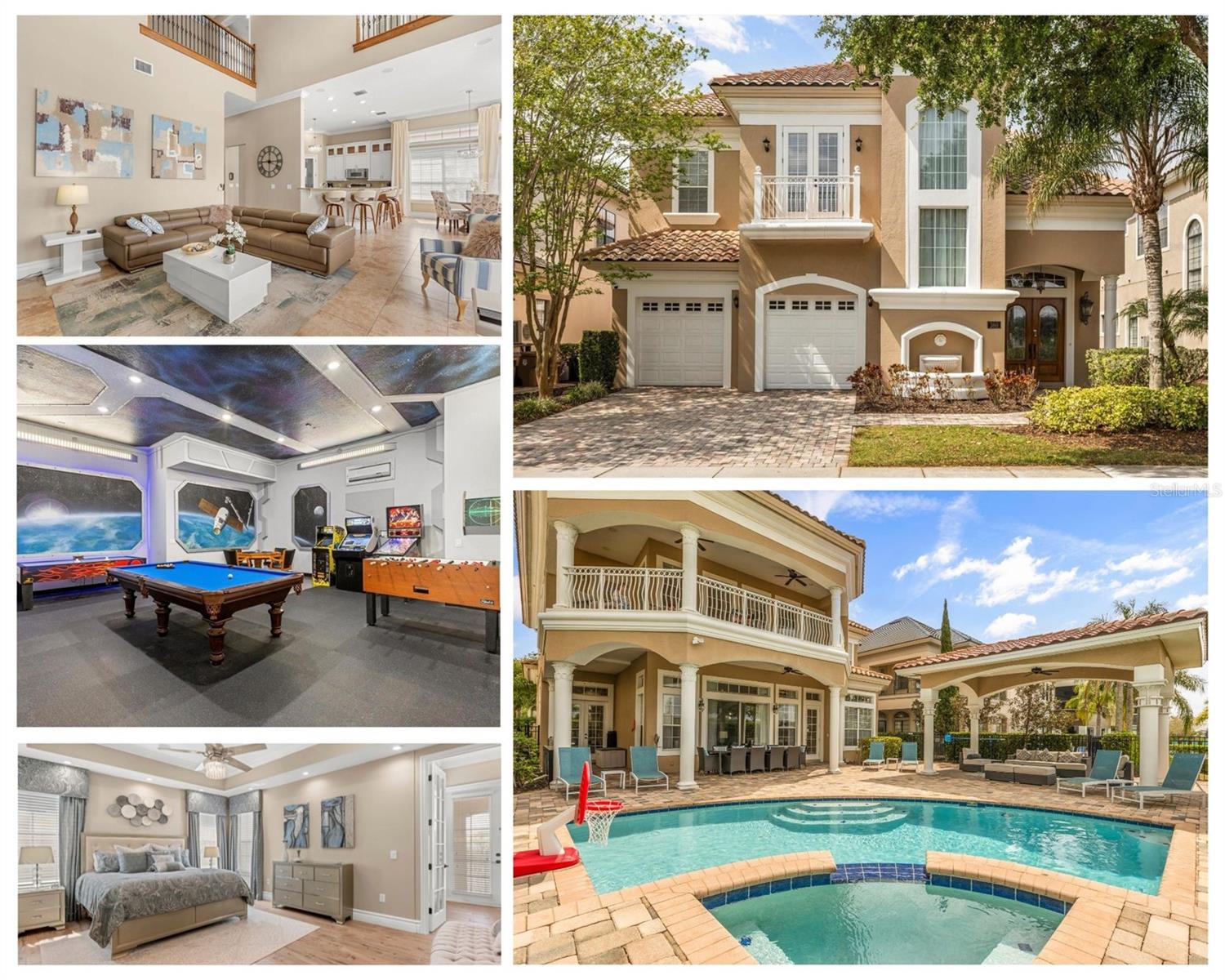 Welcome to 360 Muirfield Loop, an immaculate home that offers stunning GOLF VIEWS of the 10th fairway on the signature Jack Nicklaus course. This professionally decorated FULLY FURNISHED home features high ceilings and a thoughtfully designed layout, creating a space that's as functional as it is beautiful. Upon entering, you are greeted by a spacious living area that includes custom built in shelves with a cozy gas fireplace, seamlessly connecting to the formal dining area which boasts seating for 10 guests and a dual-temperature wine refrigerator. The open-concept design flows into a chef’s kitchen equipped with a large island with seating, stainless appliances, stone countertops and custom hardwood cabinets with crown molding that adds a touch of elegance. Recent updates to include a NEW HVAC 2025, NEW refrigerator NEW dishwasher, NEW BBQ equipment and 28 NEW WINDOWS!  There is also a charming breakfast nook offers the perfect spot for casual meals. Adjacent to the kitchen is a second living area ideal for relaxing or entertaining. Additionally there is a first floor guest suite that in en suite providing a welcomed sense of privacy for guests. The upstairs features two expansive primary master suites, both with access to a balcony overlooking the expansive pool deck and the golf course. Each  primary suite offers dual sinks, a garden tub, a shower, and large walk-in closets providing a private and luxurious retreat.  The remaining two guest suites are also en suite and are themed with Princess and Stars Wars decor. There is ceramic tile throughout, NO CARPET that adds a clean, sleek feel, while the hardwood stairs elevate the overall design. Entertainment options abound with a professionally designed, themed game room, complete with arcade games, foosball, a pool table, and a poker table, ensuring fun for all ages. Step outside to the spacious pavered pool deck, where you'll find a covered lanai with a summer kitchen equipped with a BBQ grill, refrigerator, and wet bar. A professionally constructed covered seating area was added and provides the perfect spot for hours of outdoor enjoyment. The saltwater pool and jacuzzi complete this backyard oasis, offering relaxation and entertainment all year round. The laundry room located on the 2nd floor is equipped with a NEW washer and dryer, along with built-in cabinets and a sink for convenience. Additional features include bluetooth surround sound throughout the home and there are also five exterior cameras for added security. This home offers a perfect blend of luxury, comfort, and style, making it the ideal place to live, entertain, and enjoy life to the fullest. Don’t miss the opportunity to make 360 Muirfield Loop your forever home! It is a great opportunity to make this your primary, second home, or investment property! Reunion Resort is a one of a kind 2300 acre Resort and Golf community that has many amenities including a water park complete with water slides, lazy river, zero entry pools & food and beverage service, 3 award-winning golf courses designed by the legends of golf (Palmer, Watson & Nicklaus), 11 pools throughout the community, mini putt putt golf, world class tennis courts, pickleball courts, playgrounds, dog parks, golf cart & bike rentals and several on-site restaurants to include fine dining. Reunion Resort is located just 6 miles to Disney and the parks, and a short drive to the Orlando International Airport