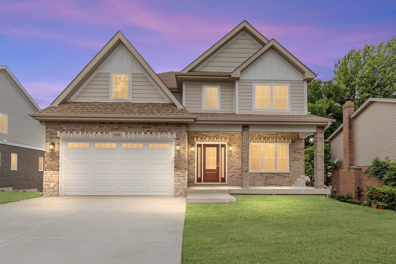Welcome to this stunning brand new 5-bedroom, 2-story home in the highly desirable Alpine Heights community in the heart of Orland Park. Enjoy your morning coffee on the charming front porch before stepping into a beautifully designed interior. The inviting entry leads to a formal dining area with French doors and an accent wall featuring decorative molding. The gourmet kitchen is a chef's dream, showcasing 42-inch white cabinetry with crown molding, a striking tile backsplash, stainless steel appliances, a massive island with breakfast bar, stainless steel farmhouse sink, a butler's pantry with wine fridge, and a eat-in area with sliding doors to the deck. The spacious living room offers built-in cabinetry and shelving, a modern electric fireplace, and an abundance of natural light. A main level laundry room adds convenience with storage cabinets and a utility sink. Upstairs, the primary bedroom impresses with a tray ceiling, accent wall, custom walk-in closet, and a spa-like en-suite bath featuring dual vanities and a luxurious walk-in shower with a rain shower head and built-in bench. Four additional bedrooms and a full bath offer plenty of space, with the versatile fifth bedroom ideal as a guest room, home office, or playroom. The full unfinished English basement includes a rough-in for a future bath and provides endless possibilities for added living space. Located close to shopping, restaurants, the Metra station, and with easy interstate access-this home offers the perfect blend of style, space, and location.