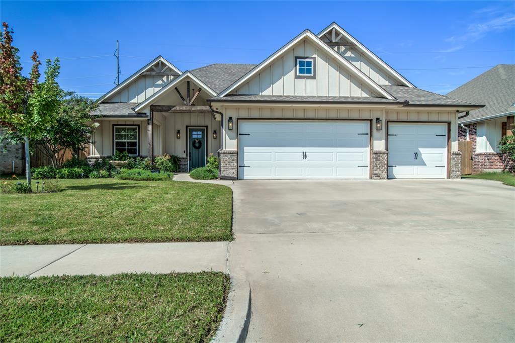 This stunning 4-bedroom, 2-bath home in Cedar Lane II offers over 2,000 sq. ft. of modern farmhouse design just 2 miles from the University of Oklahoma. The open floor plan features soaring cathedral ceilings, a beamed living area, crown molding, and a bright inviting layout that perfectly balances connected living with private spaces. The gourmet kitchen includes a large island with farmhouse sink and bar seating, pot filler, gas range, built-in oven, built-in microwave, under-cabinet and upper-cabinet lighting, and abundant counter space. The spacious living                     area centers around a gas fireplace and flows seamlessly to the dining space, creating the perfect setting for entertaining. The primary suite features a trayed ceiling with upper lighting for a mood setting retreat, along with a freestanding tub, walk-in shower, and dual vanities. The oversized walk-in closet connects directly to the laundry room for everyday convenience. Additional features include hardwood and tile flooring throughout (no carpet), custom barn door, built-in hall tree, smart Echo Show system, and poured concrete wrapping around the side of the home for easy access to the garage side door, a rare feature in this neighborhood. Enjoy the outdoors with a covered back porch equipped for TV entertaining, and a fire pit with swing. Community amenities include a pool, Songbird Park, walking trails, and basketball court. Conveniently located near shopping, dining, and OU’s campus, this BODIE Home build is the perfect combination of modern comfort and timeless design.