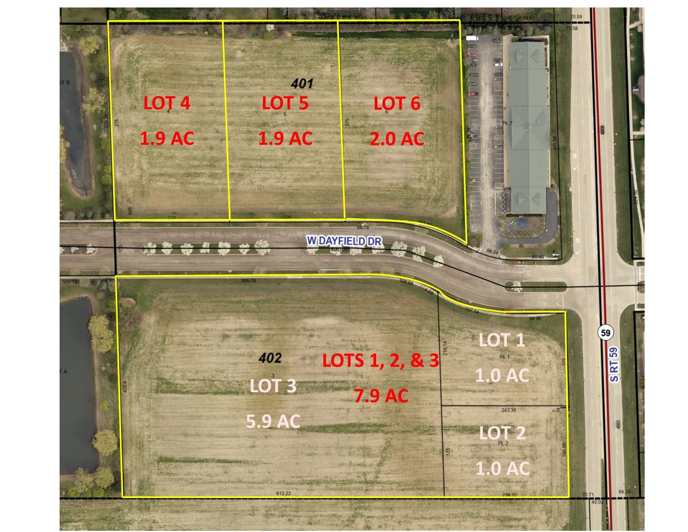 HUGE PRICE REDUCTION!  Great site on the southwest corner of Rt. 59 and Dayfield Drive.  B-3 zoning allows LOTS of uses. Offering consists of Lots 1, 2 and 3 totaling 7.88 acres (must be sold as one entity). All utilities to site, and stormwater is already provided off-site! High visibility, easy access location.