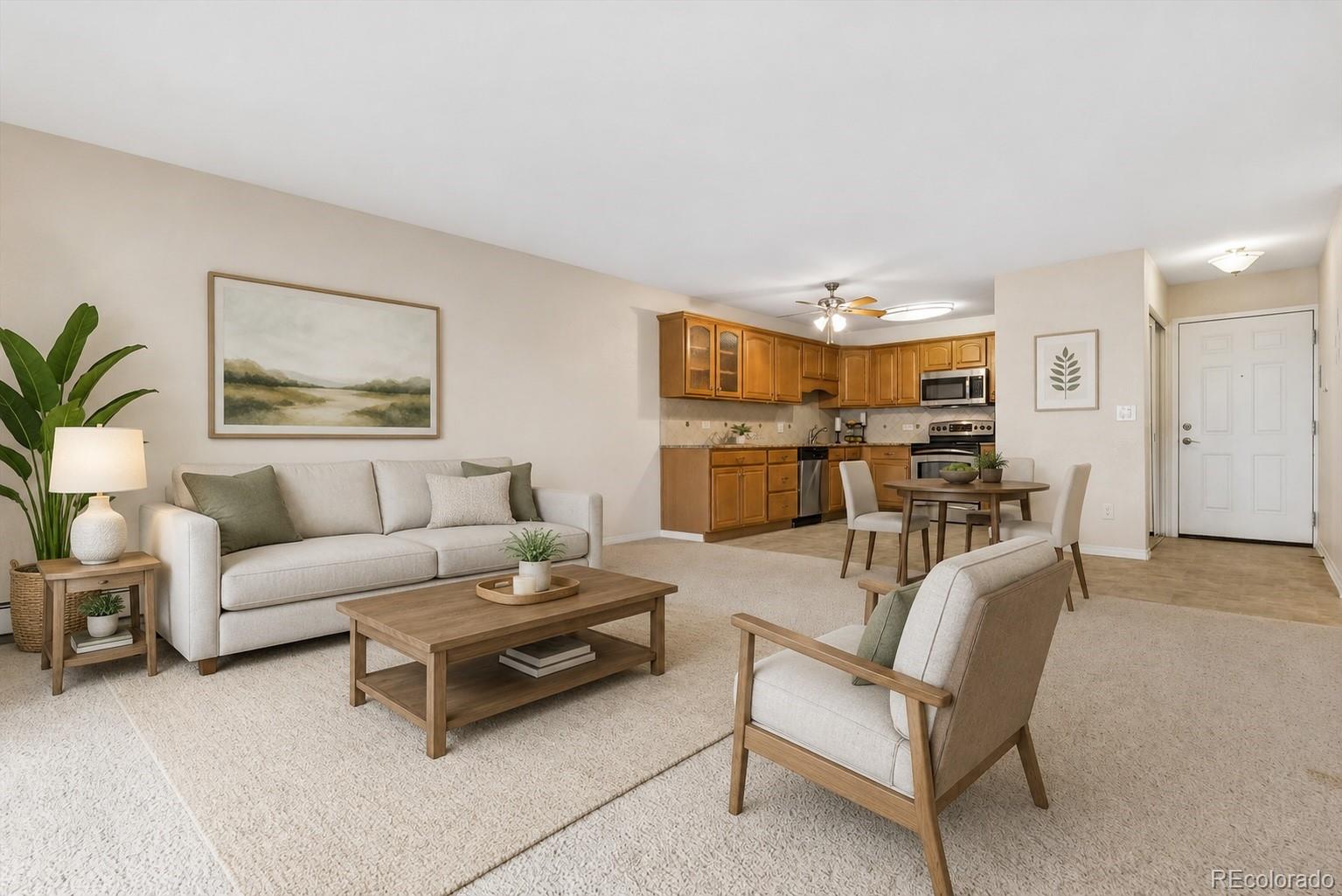 Great opportunity to own a 1st floor condo in Windsor Gardens- with underground parking and short walking distance to the clubhouse and amenities this community has to offer. Featured her is a 1200 sf condo, with 2 bedrooms, 2 bathrooms, 1 underground parking garage space, bonus Multi-Purpose room in unit plus bonus storage room in building. Kitchen is remodeled and spacious- with ginger stained cabinetry, granite slab countertops, tile backsplash, and stainless appliances. Bathrooms are remodeled with updated vanities, tops, fixtures, and the guest bathroom includes a walk-in tub. Neutral paint throughout- move right in condition. Primary bedroom is oversized, with en-suite 3/4 bathroom including linen closet, and large walk-in closet. Additional features include 2 wall ac units, double pane slider door to lanai, and screened in lanai. **Windsor Gardens is Colorado's Largest Age 55+ Active Adult Living Condo Community. Did you know? Monthly HOA Dues include annual property taxes! And heat, water, sewer, trash, round-the-clock patrolling community responders, full time onsite association management, grounds/building maintenance, and activities department. Enjoy clubhouse amenities such as fitness center, indoor/outdoor pools, hot tub, sauna, billiards, library, craft rooms for ceramics, sewing, woodworking, and 9 hole par 3 golf course and onsite restaurant both open to the public. Stay engaged with a wide array of activities, clubs, and events scheduled every month. Additional features include garden plot program, private walking trail and nature preserve, and RV/Boat storage. The Highline Canal runs full length along south side of the complex. RTD Bus Stops located thru-out the community. FHA/VA approved. Close to restaurants, stores, shopping…Minutes to Lowry, Hwy 225, Cherry Creek…Easy access to DIA and downtown. Come see for yourself what Windsor Gardens has to offer. ©2021**