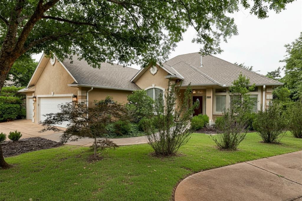 Welcome to The Villas at Coffee Creek and the best cul de sac in the neighborhood with beautiful mature trees, lush landscaping & HOA maintained green belt. From the welcoming entry, to the right there is a spacious living area flanked by windows for wonderful natural light; and on the left, a spacious study with built-ins and French doors for privacy. There is a second living area adjacent to the kitchen and dining area creating a lovely open space for entertaining. The perfectly appointed kitchen has everything the chef(s) of the family need - great prep space, amazing storage and a gas cook-top. The primary bedroom has a trey ceiling, TWO walk-in closets and ensuite bathroom with two vanities, plus a makeup vanity. The secondary bedroom and a full hall bath complete this gem of a home. Gorgeous engineered wood floors, travertine tile floors, plantation shutters, and beautiful built-ins are just a few of the amazing design features that set this one apart from the rest! Backing to a greenbelt, the backyard provides a serene setting to enjoy your morning coffee or evening cocktail. An actual staircase in the garage leading to the attic makes storage so easy! There is a nice extra parking area in the cul de sac for guests. HOA dues of $416 paid quarterly provides community pool, home lawn maintenance and common area maintenance.