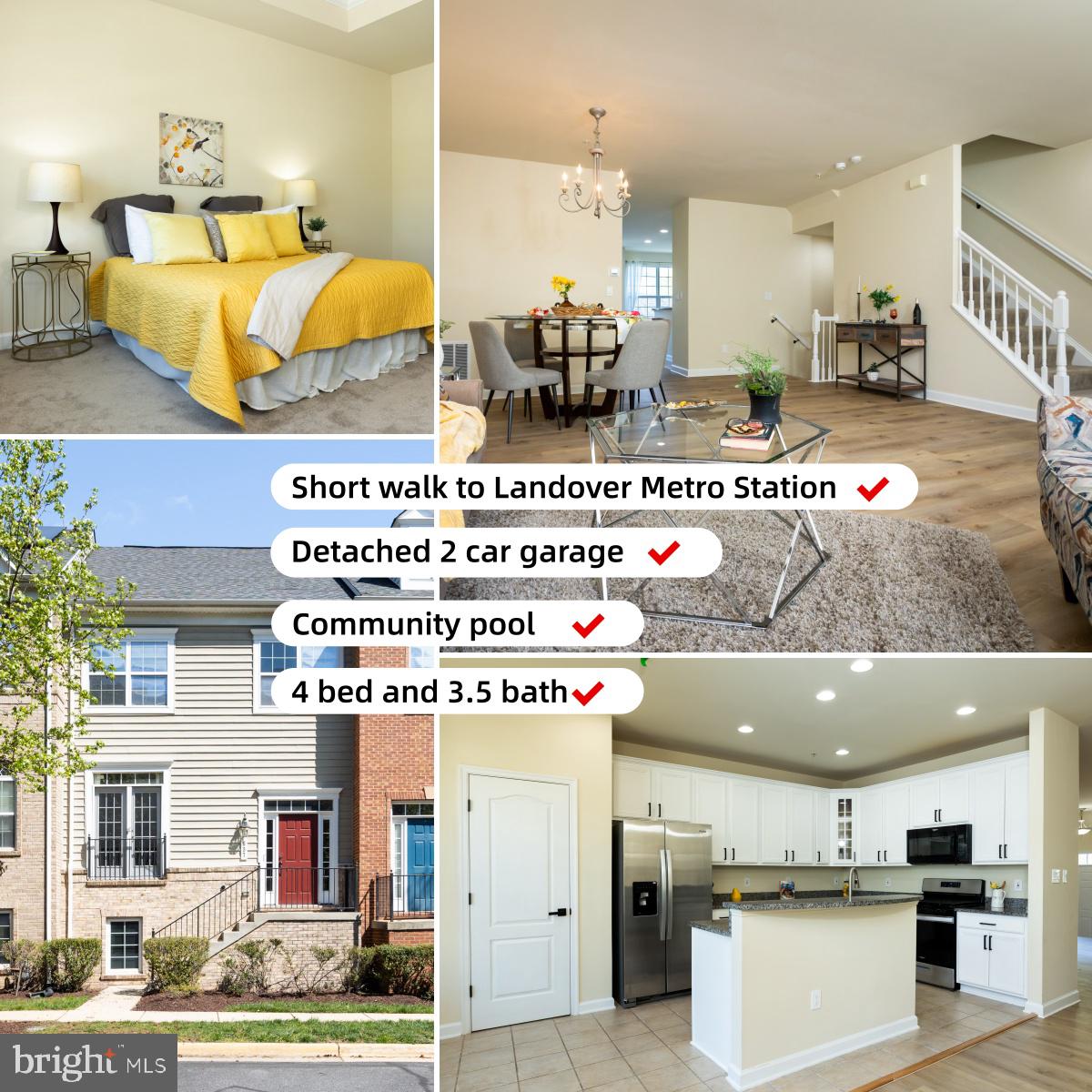 Welcome to this beautiful three-level townhome with a two-car garage offers approximately 2,656 sq ft of finished living space, combining comfort, space, and convenience in a highly accessible location.The main level features an open and inviting layout with a spacious living and dining area, with new flooring and abundant natural light. The large gourmet kitchen includes ample cabinetry, a pantry, a center island, and a bright breakfast/sitting area with a cozy fireplace. A glass door leads directly to the private balcony, perfect for relaxing or entertaining.Upstairs, the primary suite impresses with high ceilings, a walk-in closet, and a private bathroom featuring a double-sink vanity, separate shower, and Jacuzzi tub. Two additional generously sized bedrooms and a full bathroom complete this level. The laundry room is conveniently located on the bedroom level, making everyday living easier.The fully finished walk-out basement offers a spacious family room, a large bedroom, and a full bathroom. With large windows bringing in natural light, this level feels bright and comfortable. The basement also provides direct access to yard that connects to the two-car garage.This home is ideally located near major commuter routes including Interstate 495, providing quick access to Washington and surrounding areas. Approximately 8–10 minute walk to the Landover Metro Station (Orange & Silver Line). Minutes from the Prince George’s Sports & Learning Complex, offering an indoor track, Olympic-size pool, fitness center, and sports programs. Shopping, dining, and entertainment are just minutes away at Woodmore Towne Centre, while outdoor recreation can be enjoyed at Walker Mill Regional Park. Sports and entertainment fans will also appreciate the proximity to FedExField, home of major events and games.With its spacious layout, functional design, and convenient location close to shopping, parks, and commuter routes, this home offers the perfect balance of comfort, style, and accessibility.