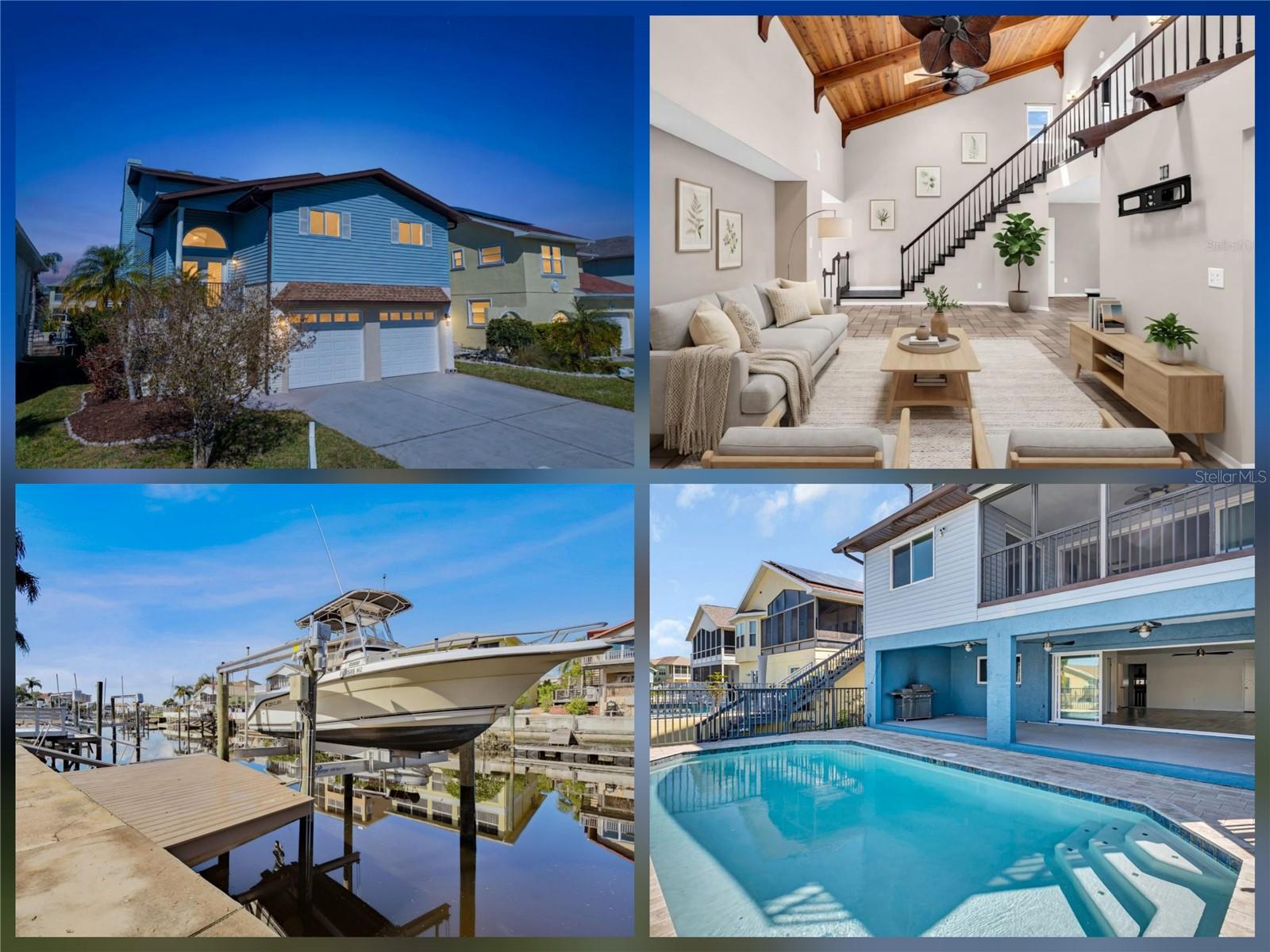 Virtually Staged. MOVE IN READY!! Exquisite WATERFRONT Retreat! Boater’s PARADISE! Welcome to your dream waterfront POOL home. This STUNNING 5-bedroom, 3-bathroom canal-front property offers deep water access, allowing for effortless boating adventures to the pristine waters of the Gulf of Mexico. Over 3,500 sq ft of meticulously, UPDATED living space, move-in-ready retreat. A true sanctuary for those seeking the ultimate Florida lifestyle.  This exceptional property remained HIGH & DRY during Hurricane Helene—NO FLOODING OR STORM DAMAGE, ensuring peace of mind. FLOOD INSURANCE IS ONLY $1K/YEAR & IS TRANSFERABLE!  A Grand Entrance & Expansive Living Spaces! Step inside & be captivated by the expansive living room, featuring tall, tongue-&-groove wood beam ceilings complemented by skylights that bathe the space in NATURAL LIGHT. The open layout effortlessly connects the living area to a large, screened porch—perfect for morning coffee or dining while enjoying tranquil water views. Chef’s Dream Kitchen! The gourmet kitchen, remodeled in 2020, boasts sleek new appliances, ample cabinetry, & generous countertop space. Whether hosting gatherings or enjoying a quiet meal, this kitchen delivers both style & functionality. Luxurious Primary Suite. Perched on the upper level for ultimate privacy, the primary suite is a true retreat. It features spacious closets & newly renovated ensuite bathroom completed-2024, showcasing elegant finishes & spa-like atmosphere. Step out onto the private balcony to savor serene waterfront views & gentle breezes. Entertainer’s Dream–Indoor & Outdoor Bliss. The lower level offers a versatile BONUS living area that flows seamlessly to the HEATED POOL, surrounded by a spacious covered area. Ample space for relaxation, the outdoor area provides the ideal setting for poolside gatherings.  Waterfront Living at Its Finest! Boating enthusiasts will appreciate the impressive waterfront amenities, including brand-new 150 sq. ft. TREX composite dock (2022) complete with 10,000 lb boat lift, sink, electrical outlets, & fish lights. A new 8x12 composite floating dock (2022) adds even more convenience. Enjoy easy access to the Gulf of Mexico for fishing, water sports, & sunset cruises.  Extensive Upgrades for Peace of Mind! This home has been thoughtfully updated from top to bottom, ensuring modern comfort & reliability. Recent upgrades include:  Roof Replacement (2016) HVAC Systems (2022) All three units replaced with UV lights & new ductwork for improved air quality.  Hurricane Protection (2022) Impact-rated hurricane windows, doors, & sliders provide security & energy efficiency.  Electrical(2022) New main electrical panel, wiring, surge protectors on each breaker.  New Pool(2019) & Heater(2022) Luxurious heated pool with new breaker box & pool timer(2021).  Elegant Travertine flooring(2020) & LVP flooring in lower level & primary bedroom(2021). All bathrooms have been beautifully renovated (2020-2024) with modern vanities, showers, & fixtures.  Fresh Paint(2020-2022) Seawall Erosion Protection: Preventative measures under the seawall caps ensure long-term durability. LOCATED JUST 1 MILE FROM DOWNTOWN NEW PORT RICHEY.  Embrace the Florida Lifestyle! CANAL FRONT OASIS offers access to the Gulf & provides the perfect setting for waterfront living. Enjoy boating, fishing, & sunset views from private docks. INCLUDES ACCESS TO PRIVATE BEACH! This meticulously maintained, turn-key home is a rare find—move in & start living the Florida dream today!