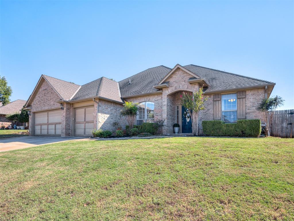 This BEAUTIFUL & well maintained home in the Cheyenne Crossing addition of Edmond is ready to be yours! This thoughtfully designed home boasts 4 bedrooms, 2 living & 2 dining areas, 2 covered back patios, & a ton of recent homeowner updates. All of this in the award winning Edmond School District too! The inviting entry showcases the  beautiful engineered wood flooring, floor to ceiling crown molding, & a modern tiered chandelier. The entry opens to 2 spacious secondary living or dining spaces - one which features striking striped walls, views of the backyard, & would make a gorgeous setting for entertaining & your holiday celebrations. Spotlights of the oversized kitchen include a new dishwasher, 5 burner gas range, TONS of cabinets & storage, a dining area overlooking the backyard, breakfast bar seating for 2, & dedicated pantry cabinets. Off the kitchen is an additional living room with a tray ceiling, newly painted fireplace, recessed lighting, & access to 1 of 2 covered back patios. The primary suite offers wood flooring, a tray ceiling, renovated shower, dual vanities, jetted tub, a large walk-in closet, & access to its own covered back patio. A secondary bedroom off the entry of the home would make the perfect home office or nursery with its proximity to the primary bedroom & an additional bathroom. You'll love the striking contrast between the wood floors & deep blue wainscoting walls in this room! On the other end of the home are 2 additional secondary bedrooms, a Jack & Jill bathroom, & a hallway with a built-in painted hutch. The 2 covered back porches provide the perfect spot for additional living space or place to unwind after a long day. Homeowner updates include: new water heater (2025), new HVAC (2022), new dishwasher, engineered wood flooring in living/kitchen/hallways/primary/1 secondary bedroom, interior paint, renovated shower in primary suite, updated secondary bathroom, & new modern light fixtures. Come see this stunning home before it is sold!
