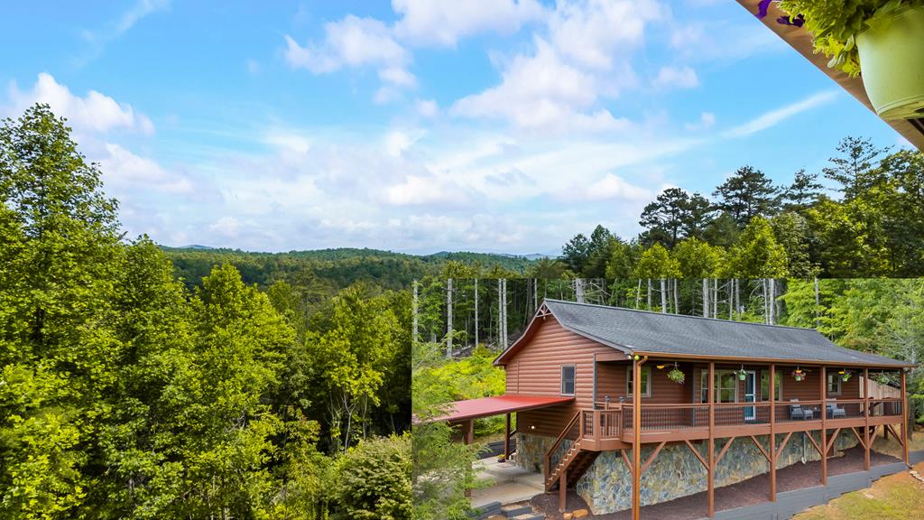 Experience the ideal balance of rustic character and modern comfort in this PARTIALLY FURNISHED and beautifully maintained 2-bedroom, 2.5-bath, single-level log-sided cabin, privately situated on approximately one acre in a tranquil mountain setting. This inviting home has short and long-range MOUNTAIN VIEWS, best enjoyed from the expansive, full-length covered front porch. The recently stained exterior enhances the home's warm, natural appeal, while a durable metal roof ensures longevity and low maintenance. An attached double carport provides convenient covered parking, and a versatile two-story outbuilding offers additional storage or flexible use space. A solar panel system promotes energy efficiency and helps reduce utility costs, adding both sustainability and value. Inside, the spacious Great Room features rich wood flooring, a soaring vaulted wood ceiling, and a dramatic floor-to-ceiling stacked stone gas fireplace that anchors the space. Abundant natural light and direct porch access create seamless indoor-outdoor living. The well-appointed kitchen includes almost brand new stainless steel appliances, a generous island for preparation and casual dining, and rustic finishes that complement the cabin's aesthetic. Designed with comfort and privacy in mind, two generously sized Master Suites are positioned on opposite ends of the home, each offering a private bath with beautifully tiled showers. A centrally located half bath and convenient laundry area further enhance everyday functionality. Additional highlights include a recently serviced septic system (pumped January 2024), no formal HOA, and only light restrictions, allowing for both privacy and flexibility. This well- maintained mountain cabin presents a rare opportunity for peaceful living. Come make it yours today!
