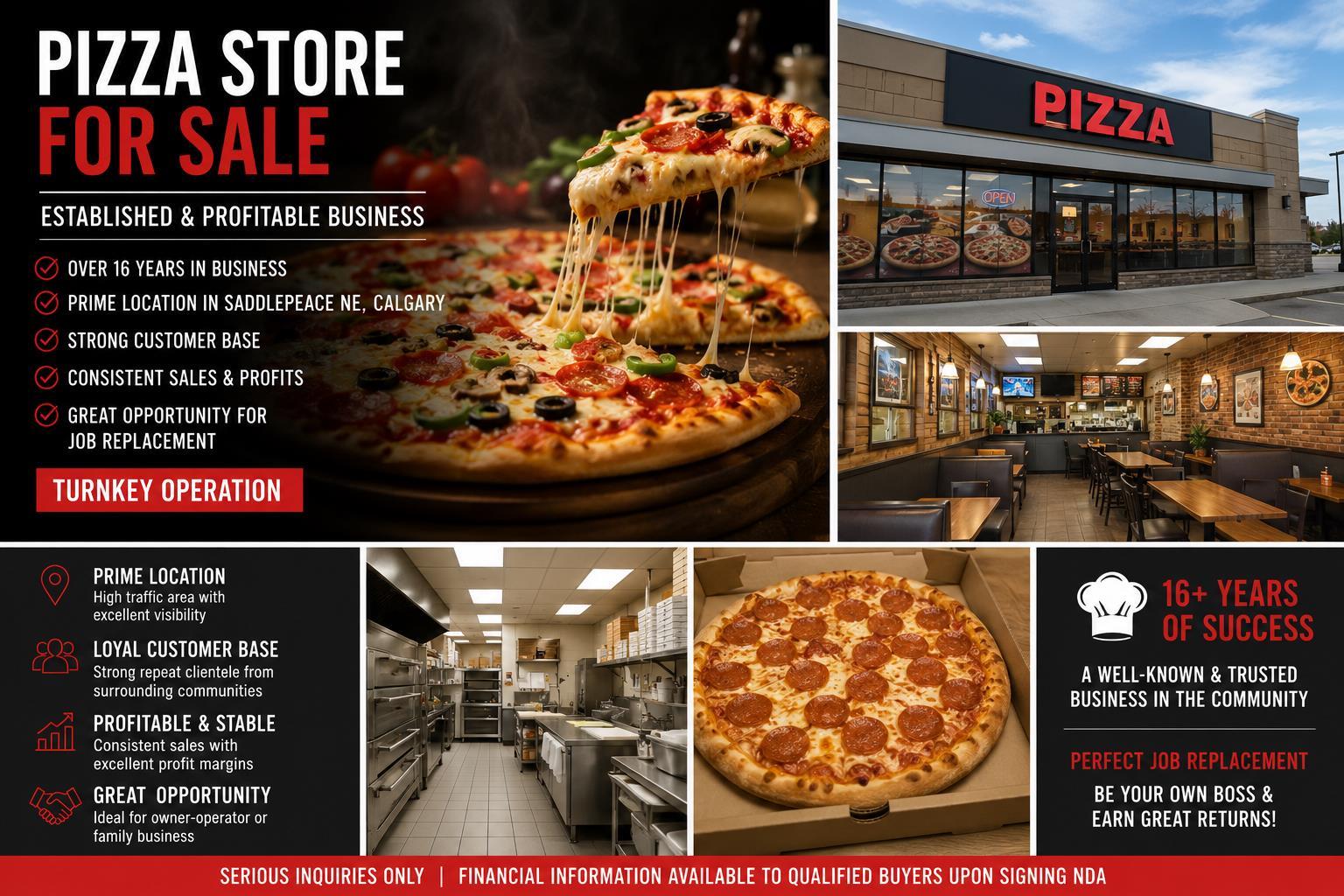 Exceptional opportunity to acquire a well-established and profitable pizza business in a prime NE Calgary location. Successfully serving the community for over 16 years, this business has built a strong reputation, loyal customer base, and consistent sales through years of quality service and community presence.Located in a busy commercial plaza with excellent visibility, easy access, and ample customer parking, the business benefits from strong residential density, steady foot traffic, and repeat clientele. The location offers outstanding exposure and convenience for both dine-in and takeout customers.This turnkey operation comes fully equipped with commercial kitchen equipment, leasehold improvements, and established operating systems, allowing a seamless transition for a new owner. The business generates solid revenue and profitability, while still offering significant growth potential through expanded operating hours, enhanced marketing initiatives, increased delivery services, catering opportunities, or menu expansion.An excellent opportunity for an owner-operator, family-run business, or investor seeking a proven operation with strong cash flow. The business is ideally suited for entrepreneurs looking to transition from traditional employment into business ownership while building long-term wealth through an established and recognizable brand.Whether you are an experienced restaurateur or a first-time business owner, this opportunity offers a proven foundation with room for future growth and increased profitability.The sale includes all equipment, furnishings, fixtures, and leasehold improvements required for a turnkey transition. The business name is included in the sale. Address, lease information, operating costs, equipment list, and financial statements are available to qualified buyers upon singing NDA.