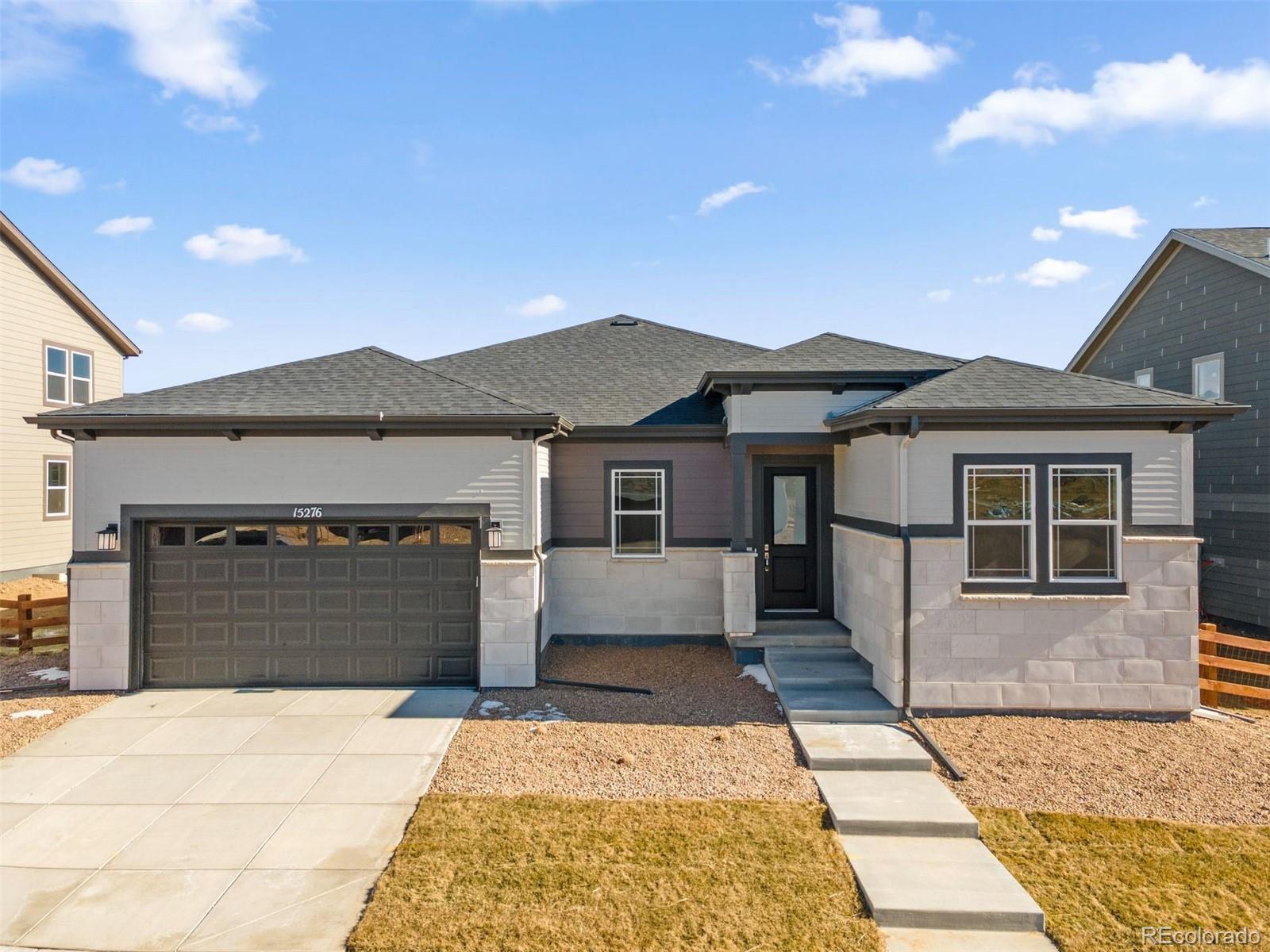 Beautifully designed ranch-style home in the sought-after Estates Collection, offering true one-level living with an unfinished basement for future expansion. This open-concept floorplan features soaring 13-foot ceilings in the main living areas, enhanced by additional windows that fill the home with natural light.The great room is anchored by a cozy fireplace and flows seamlessly into the chef's kitchen, which showcases white cabinetry, quartz countertops, stylish backsplash, and stainless steel appliances including a gas cooktop with hood, built-in microwave and oven, and dishwasher.The private primary suite is thoughtfully separated from the secondary bedrooms and includes a well-appointed primary bath. Two additional bedrooms are adjacent to a full hall bath, providing comfort and convenience for family or guests. A dedicated study adds flexible space for a home office or quiet retreat.With its functional layout, upscale finishes, and unfinished basement offering endless possibilities, this home combines elegance and livability in a premier setting.Talon Pointe is located 4 minutes to E-470 allowing maximum accessibility to the city, mountains, DIA and lots of great shopping and dining. Massive community park and integrated trail system.  Come see us today!