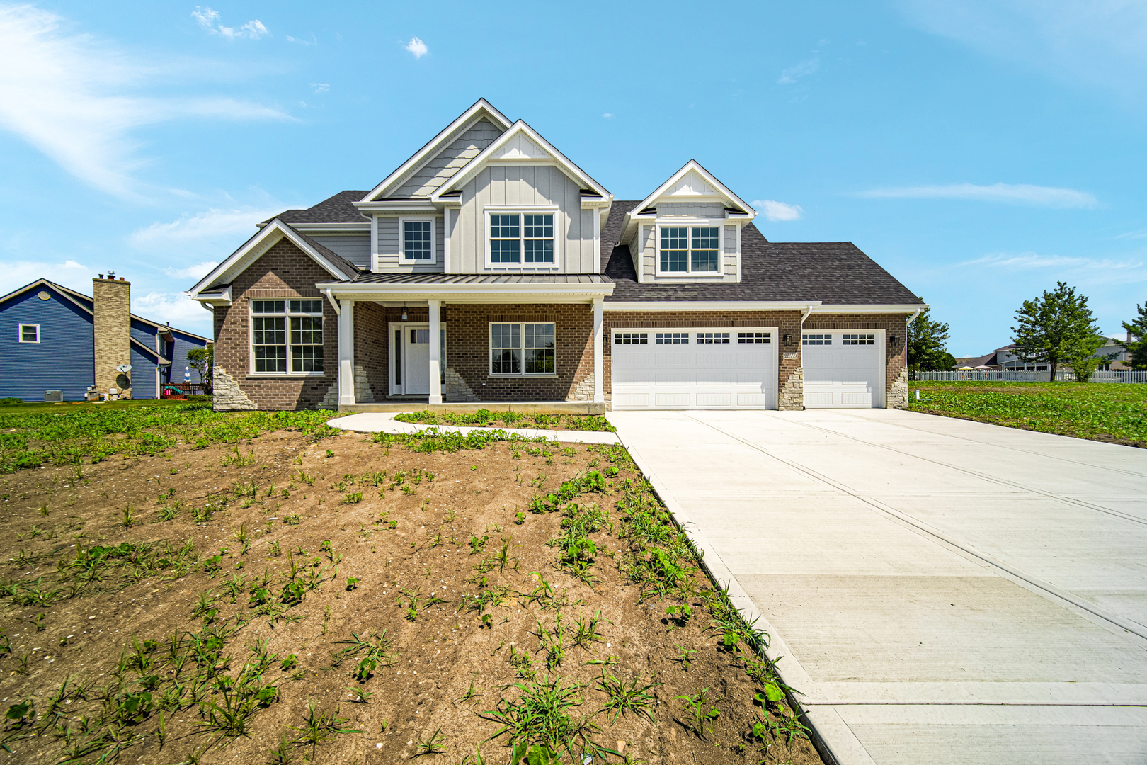 Brand NEW CONSTRUCTION: 4 bedroom/2.5 bath house on .71 acre lot! This inviting open floor plan has 4 inch White Oak character grade hardwood floors throughout main level. Beautiful kitchen with two toned colored cabinets, quartz countertops, separate island & pendant lighting overlooking family room with fireplace. Near the dinette, you'll find sliding glass doors that open out to concrete patio & backyard. Around the corner is mudroom, walk-in pantry and powder bath. Private dining room and study also on first floor with plenty of natural sunlight!  Master suite has large walk-in closet, and ensuite master bathroom with double sinks, walk-in shower, soaking tub, & private toilet room. Upstairs you'll also find the remaining 3 bedrooms, hall bath, and 2nd floor laundry room! Full unfinished basement with rough-in plumbing for future bath. 3 car garage with extra storage room and convenient service door from garage to yard. This home has excellent curb appeal with covered porch & metal roof. Private Well & Septic. Unincorporated New Lenox Township so home is fully sprinklered inside!