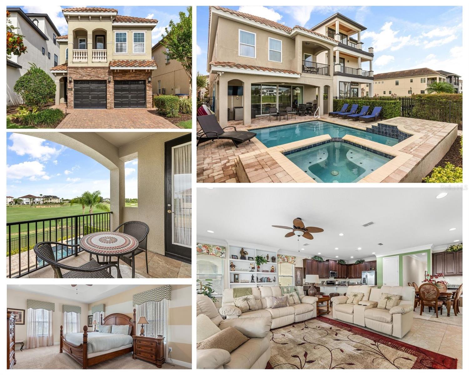 Pristine 5-Bedroom, 5.5-Bath Home boasting 3,328 Sq. Ft. of refined living space and is located along Hole #6 of the Signature Jack Nicklaus Course. The home has been meticulously maintained and has served exclusively as a second home. NEVER RENTED! As you step inside, you're welcomed by a first-floor primary suite, complete with a luxurious en-suite bath featuring a garden tub, separate walk-in shower, stone countertops, and custom hardwood cabinetry. The open-concept main living area offers seamless flow and sophistication, highlighted by custom built-in shelving. The spacious island kitchen is equipped with stainless steel appliances, stone countertops, and hardwood cabinets with crown molding. The oversized island provides additional seating, ideal for entertaining friends and family. A formal dining area sits conveniently adjacent to the kitchen, along with a stylish half bath for guests. Upstairs, you'll find a second spacious living area, perfect for gatherings or relaxing evenings. The second primary suite is located at the rear of the home, offering access to a private balcony with panoramic golf course views and an overlook of the spectacular pool deck below. The en-suite bathroom mirrors the luxurious finishes found downstairs—garden tub, walk-in shower, hardwood cabinetry, and stone counters. Two additional en-suite guest bedrooms are located just off the upstairs living area, providing privacy and comfort for family and guests. The fifth bedroom, positioned at the front of the home, includes access to its own private balcony and offers versatile space suitable for a seating area or home office. Step outside to your private resort-style pool deck, featuring a covered lanai, large pool, jacuzzi, and an elevated sun deck—perfect for soaking up the Florida sunshine and enjoying the serene golf course setting.  Reunion Resort is a one of a kind 2300 acre Resort and Golf community that has many amenities including a water park complete with water slides, lazy river, zero entry pools & food and beverage service, 3 award-winning golf courses designed by the legends of golf (Palmer, Watson & Nicklaus), 11 pools throughout the community, putt putt golf, world class tennis courts, pickleball courts, playgrounds, golf cart & bike rentals and several on-site restaurants to include fine dining. Reunion Resort is located just 6 miles to Disney and the parks, and a short drive to the Orlando International Airport. **REUNION RESORT MEMBERSHIP AVAILABLE*** and is transferrable to the next owner.