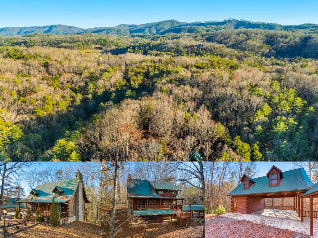 Tucked away on over 13 acres of wooded privacy, this true log cabin offers timeless rustic charm and an abundance of space. A long gravel driveway winds through the trees to a parking area framed by the main cabin and the carriage house. The full-length front porch sets the tone, leading into a warm Great Room with authentic log walls, wood floors, vaulted tongue-and-groove ceilings, and a floor-to-ceiling stone fireplace with a custom-carved mantel. Glass doors open to the full-length back porch overlooking the forest. The adjacent kitchen radiates character with abundant cabinetry and counter space, log walls, and a wood-beamed ceiling, highlighted by a charming Elmira vintage-style stove. A laundry area with built-ins and an exterior door sits just behind the kitchen. Down the hall, the private main-level Master Suite offers a walk-in closet and an en suite bathroom featuring a beautifully crafted custom tile shower. Upstairs, the loft has a guest bedroom with two closets and a delightful hidden nook, accessible by ladder. A versatile bonus room opens to a private balcony, and a full bathroom completes the level. The lower floor extends the cabin's character with log walls, wood beams, a rock feature wall, and a second floor-to-ceiling stone fireplace. This large recreation area includes a wet bar with a sink and mini-fridge, plus a half bath. Double doors open to a sunroom with a shower and exterior access on both ends. A two-bay garage—one side with cabinetry, counters, and a sink—rounds out the level. Connected by a covered walkway, the carriage house features a double carport, workshop with built-ins, and an upper level with an office, storage room, and bonus room. This exceptional property blends classic log cabin warmth with modern functionality and unmatched privacy. Copy this link into your browser to see extra media: https://drive.google.com/drive/folders/1IIMI7zGJKMBlT0uKIv149oUdeAo-dfGE?usp=share_link