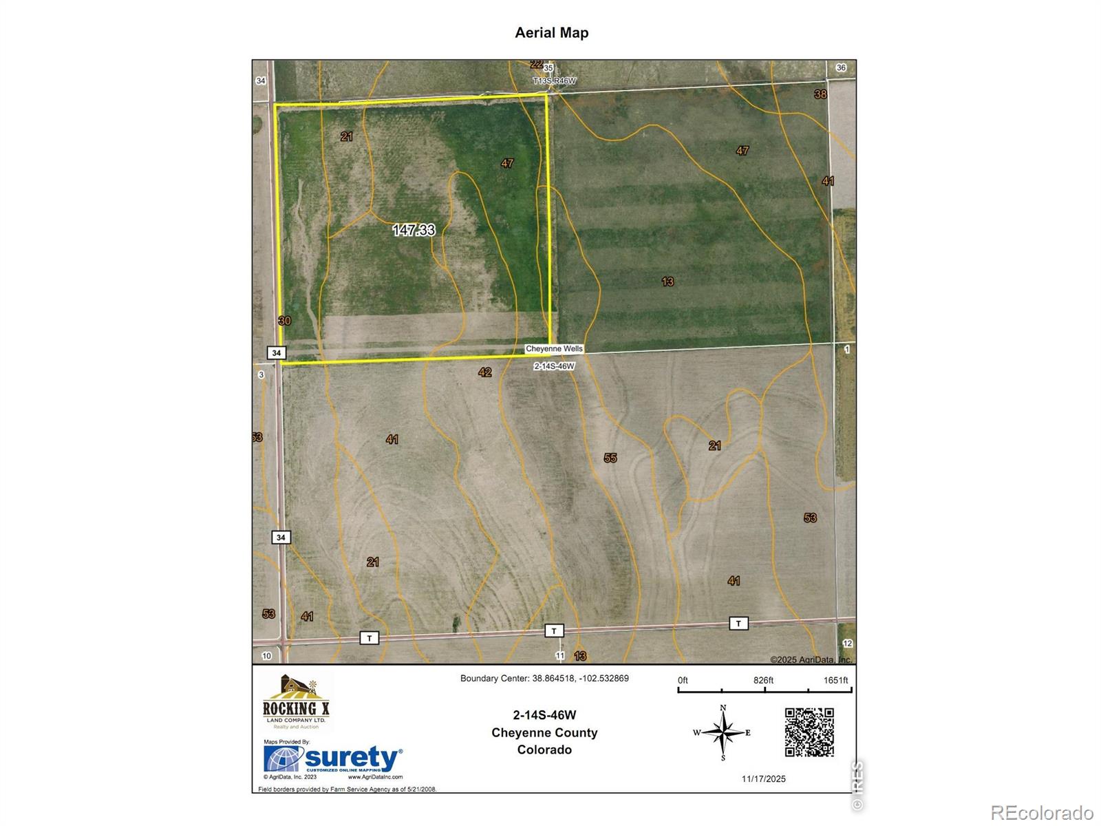 Expand your farming operation or agricultural investment portfolio with this Cheyenne County dryland tract in the Northwest Quarter of Section 2, Township 14 South, Range 46 West. The property offers 147.33 acres of cropland with good county road access. FSA base acres include 102.91 acres of wheat with a 24-bushel PLC yield and 8.50 acres of grain sorghum with a 27-bushel PLC yield. The property is currently subject to a cash lease through the 2027 wheat harvest, with possession available after harvest. Offered at $200,000.