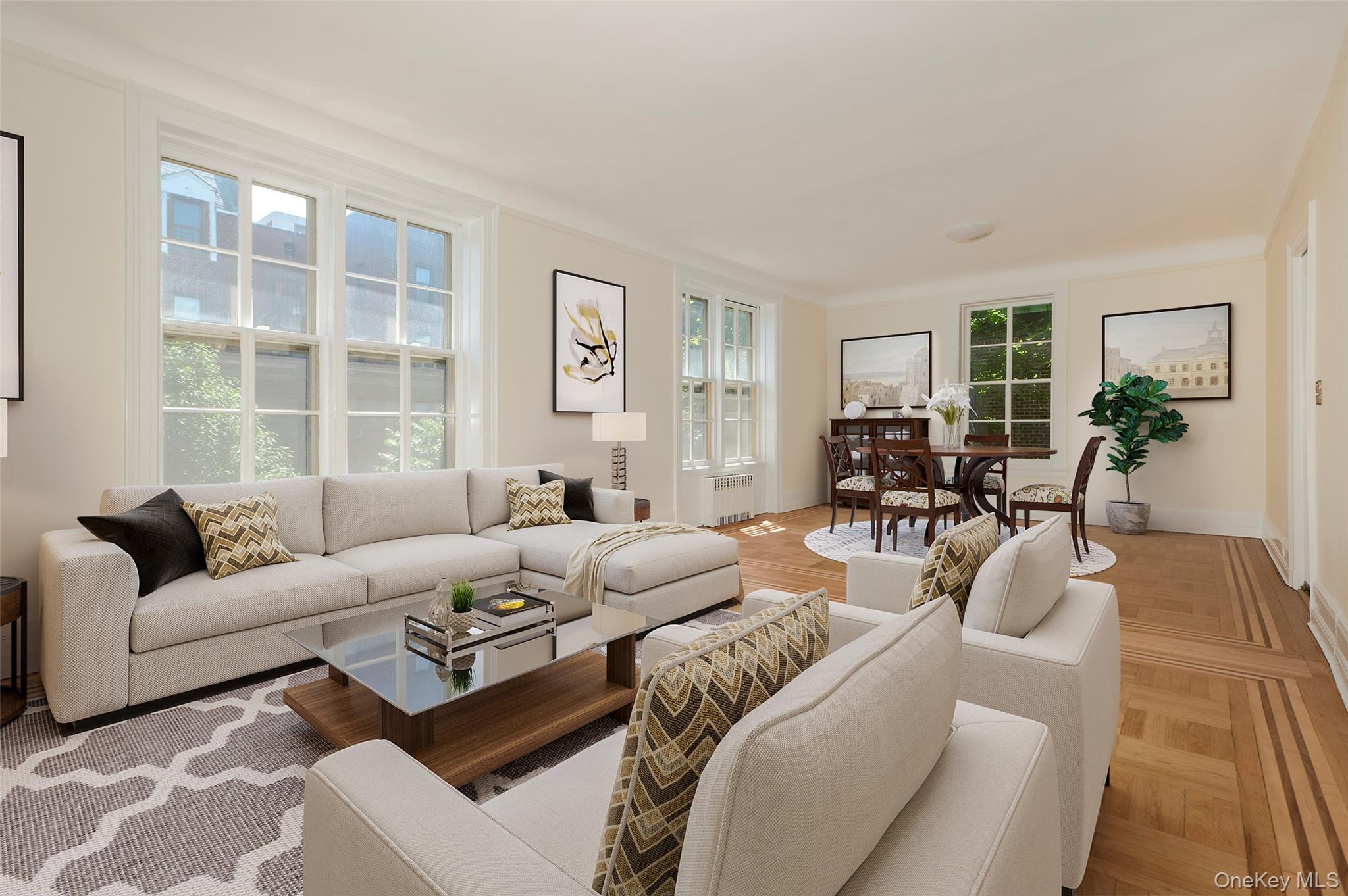 Majestic 3BR/2BA Pre-War Landmark with Private Garden Views at The ChateauWelcome to The Chateau, one of the most elegant, French Renaissance-inspired cooperatives in the historic heart of Jackson Heights. Perched on the 4th floor, this meticulously restored 6-room architectural masterpiece seamlessly blends the grandeur of 1920s French royalty with modern, open-concept living. Featuring four exposures (North, South, East, and West), this sun-drenched home is flooded with incredible natural light from sunrise to sunset.Step through the front door into pre-war heaven. An expansive, open-floorplan living and dining area greets you, anchored by a rare, functional wood-burning fireplace, soaring high ceilings, and pristine, newly restored plaster walls. Underfoot, the original oak parquet floors gleam, reflecting the massive windows that frame the space.For the design visionary, the property balances historic character with room to personalize. The layout offers three spacious bedrooms and two full bathrooms. The quiet primary suite boasts its own private full bath, abundant closet space, and serene western views over the cooperative's award-winning private gardens. The second and third bedrooms are cleverly divided by a classic Jack-and-Jill bathroom. Both bathrooms showcase beautiful, original vintage vitreous China bathtubs and historic fixtures. A charming, 1950s "Kitch-style" kitchen completes this classic layout.Designed in 1923 by pioneering architect Andrew J. Thomas, The Chateau is a landmarked community renowned for having one of the most spectacular, block-long private interior gardens in New York City. This magnificent home offers unparalleled tranquility just steps from express transit, world-class dining, schools, and shopping. Bring your vision to this blank canvas and own a piece of NYC history.