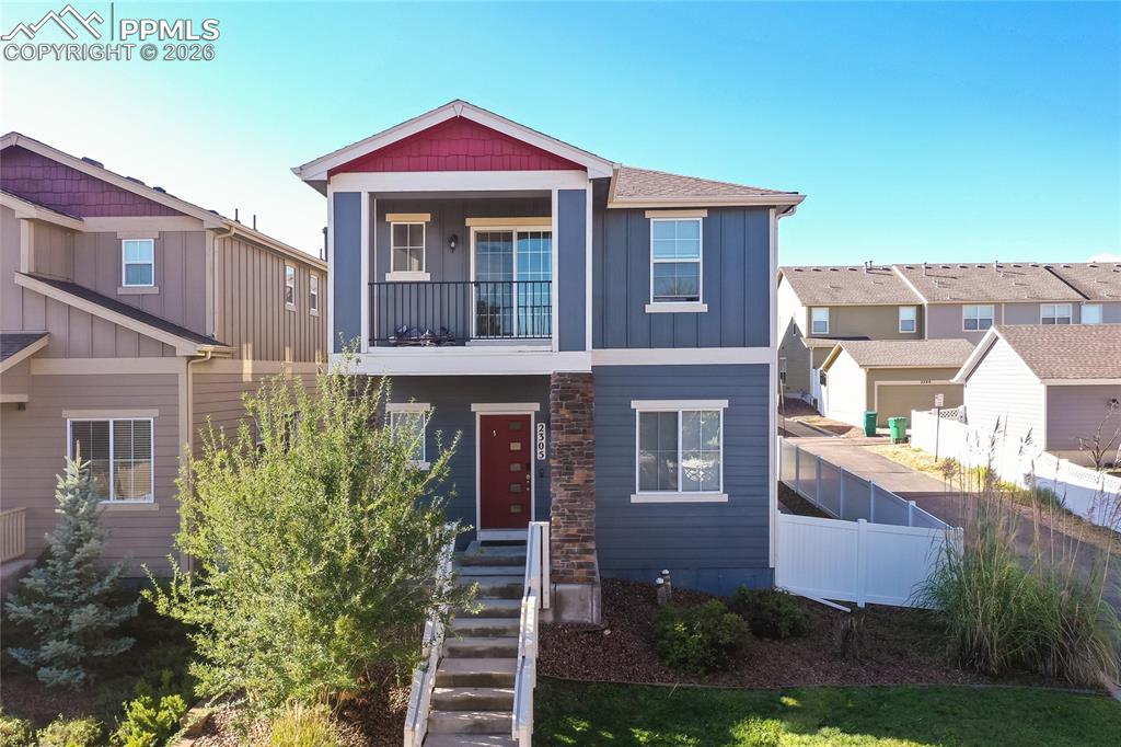 Welcome to your new retreat, where peace and convenience happily coexist!  This 2016 Aspen View home features a bright, generous layout, with thoughtful storage and living space.  From the friendly front porch, you will enter an open living area, with plenty of room for relaxing and entertaining.  The space continues to flow into a large kitchen with granite countertops and newer stainless steel appliances, with an adjacent dining area boasting warm wood flooring.  Access your ample two-car garage with an interior drop zone and half bath from here and bring in your items with ease.   Continue outside to the private, fenced, xeriscaped backyard, perfect for seating and a fire pit! Large corner lot provides ease of access to your driveway and garage.  Progressing to the upper level, you will encounter three large bedrooms and a loft, with walk-in closets and storage to spare!  Two full bathrooms on this level add to the functionality of the home.  From the loft, you'll walk out to a large covered upper balcony, and enjoy mountain and city views.  Looking to customize?  An unfinished basement, pre-plumbed for another bathroom, offers even more space to expand with perhaps another bedroom and living area!  Radon mitigation offers peace of mind.  Neighborhood amenities include a clubhouse, open space, and multiple playgrounds and parks.  This quiet street and the many neighborhood sidewalks invite leisurely walks and recreation.  Minutes to shopping, schools, restaurants, and entertainment, including the Broadmoor World Arena and Downtown.  Less than 20 minutes to Peterson Space Force Base, less than 20 minutes to Fort Carson, and under 30 minutes to Schriever Space Force Base, this centrally-located home is an ideal home base for commuting.  Schedule your private showing with your favorite REALTOR@ and experience all this home and the Spring Creek Traditional Neighborhood have to offer!