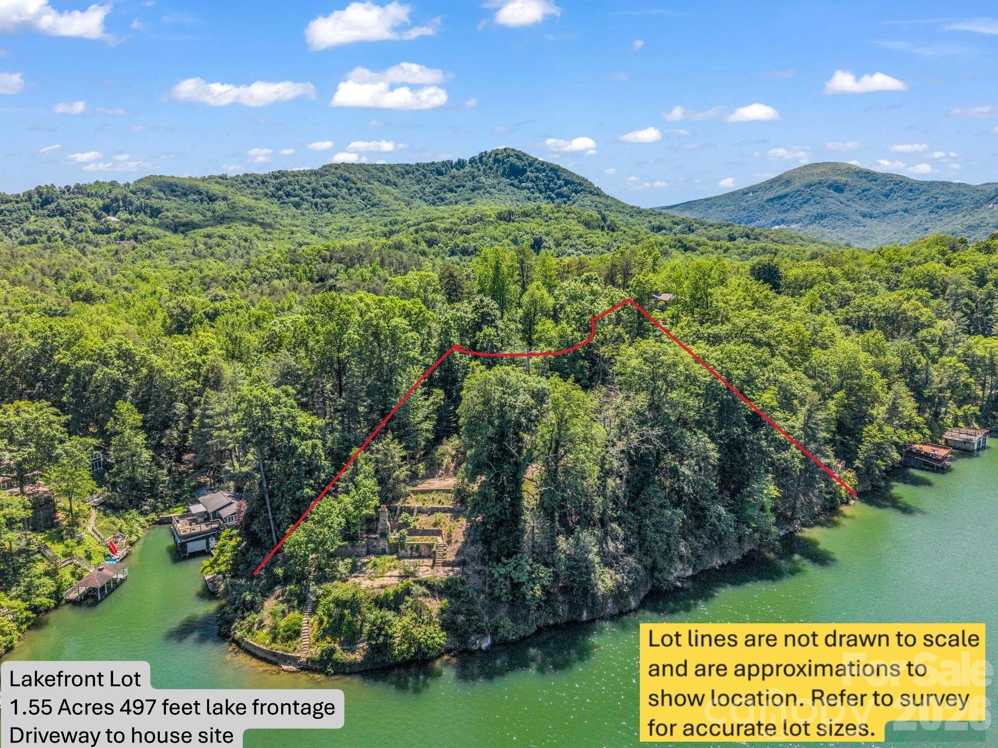 Four adjoining lots for sale on Abbott Road total 4.26 acres.  The star of the show is the lakefront estate-sized 1.55 acre lot with 497 feet of lake frontage on the main channel of the lake with some of the best views of mountain cliffs on Lake Lure.   Conveniently located near Lake Lure post office and the Lake Lure public beach.  The lakefront lot has a driveway to the foundations & chimney of a former house with access to city water and sewer. The lakefront lot is ready to build!   Property has a recent survey done by the owner. A fact sheet provided by zoning administrator for the Town of Lake Lure, Mike Williams, is included with listing. There are 3 adjoining wooded, undeveloped lots across Abbott Rd. These lots are not on the lake but adjoin the lakefront lot (see photos and survey of lots attached). These parcel #s are 225289 (1.41 acres), 218898 (0.65 acres)and 226306 (0.65 acres). Nothing left for sale on Lake Lure compares to this listing.  Go to the end of Abbott Road and park in cul-de-sac and walk down driveway on left and you will find steps leading to foundation on your left, right at end of gravel drive. The 3 off-lake parcels are on your right as you drive up Abbott Rd, you will see survey flags on your right.