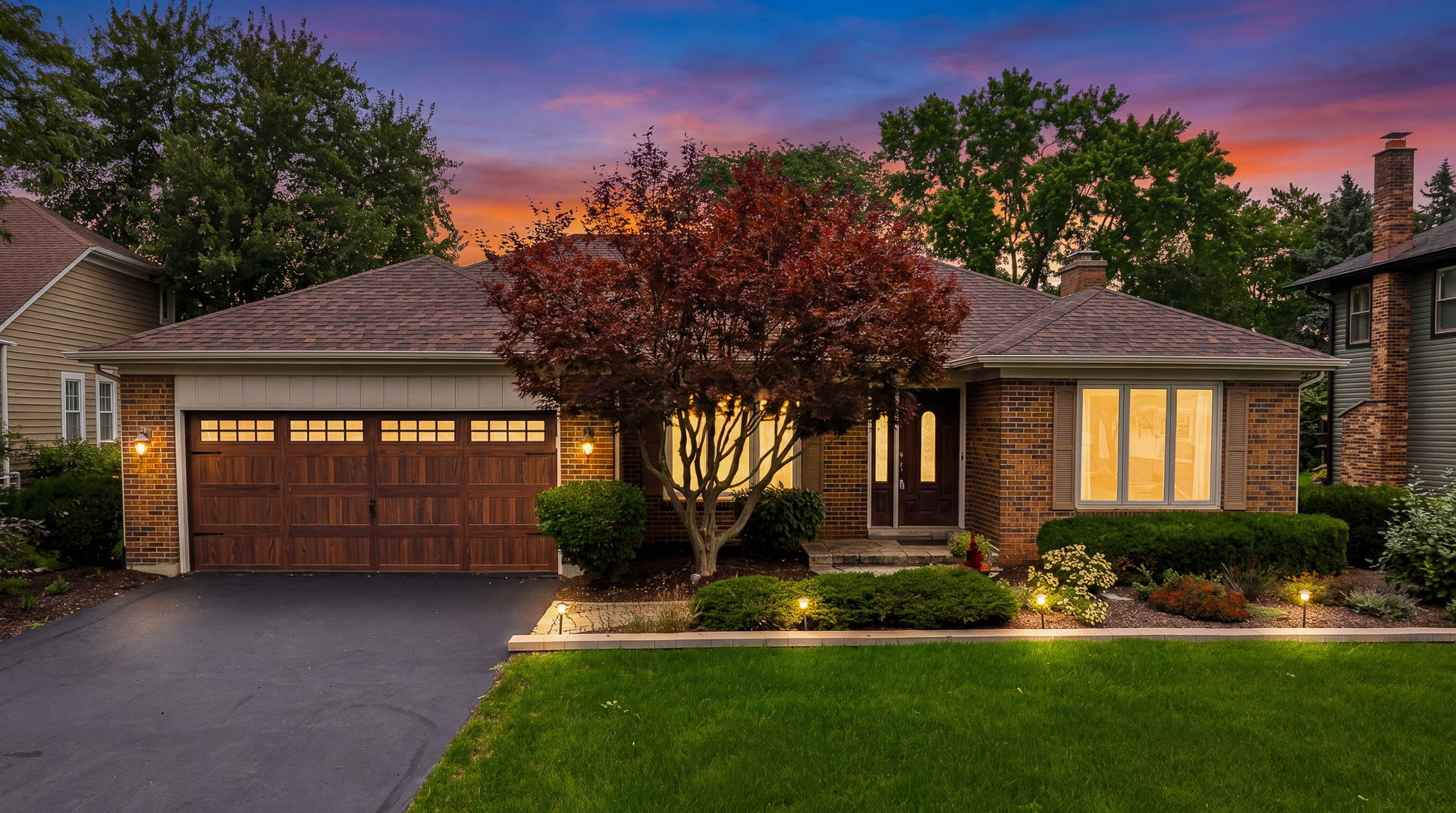 A truly unique opportunity in sought-after Arbor Ridge! The subdivision's only ranch, this all-brick home combines easy one-level living with an exceptional floor plan perfect for entertaining. A paver-brick entry welcomes you into a light-filled interior with two skylights, a separate living room and dining room, and an inviting kitchen with Corian counters and stainless steel appliances overlooking the breakfast area with glass doors to the large deck in the great backyard. The breakfast area opens to the spacious family room with brick fireplace, while french doors to the living room create an ideal flow for entertaining.    The private bedroom wing features a generous primary suite with a full wall of closets and private bath, plus two additional spacious bedrooms and another full bath. Don't miss finished basement adding even more living space with a recreation room, full bath, and abundant storage.    You will love the convenient location, steps to the amazing neighborhood park, close to downtown restaurants, train, tollway and more. All-brick home, rare ranch design, versatile finished basement, many new upgrades, and an unbeatable park-side setting-this Arbor Ridge gem is not to be missed!