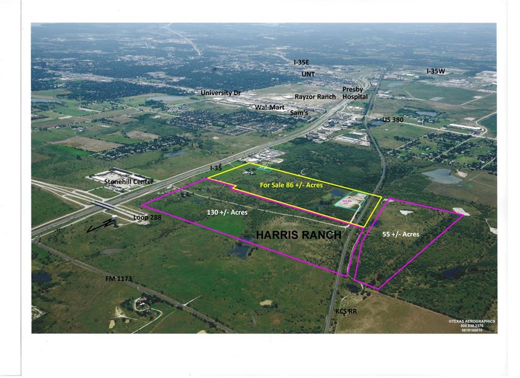 HARRIS RANCH – South Tract For Sale – 84 +- ac net.   The property is generally rectangular, running east to west.  The eastern portion has excellent visibility from I-35. The remainder is sloping to the west.   Utilities: W, SS, G, E, are at the southeast corner.  The western portion will require offsite sewer.  I-35 is scheduled to be widened to 6 lanes with new flyovers at the Loop 288 intersection.  Additional ROW, appx 3.2 ac, will be acquired along the approximate .25 mile frontage.  Zoning by City:  Highway Corridor & proposed General Office.  Probable use: Highway oriented retail & commercial, high tech office, office warehouse, & low to medium impact manufacturing, etc. Information packet available.