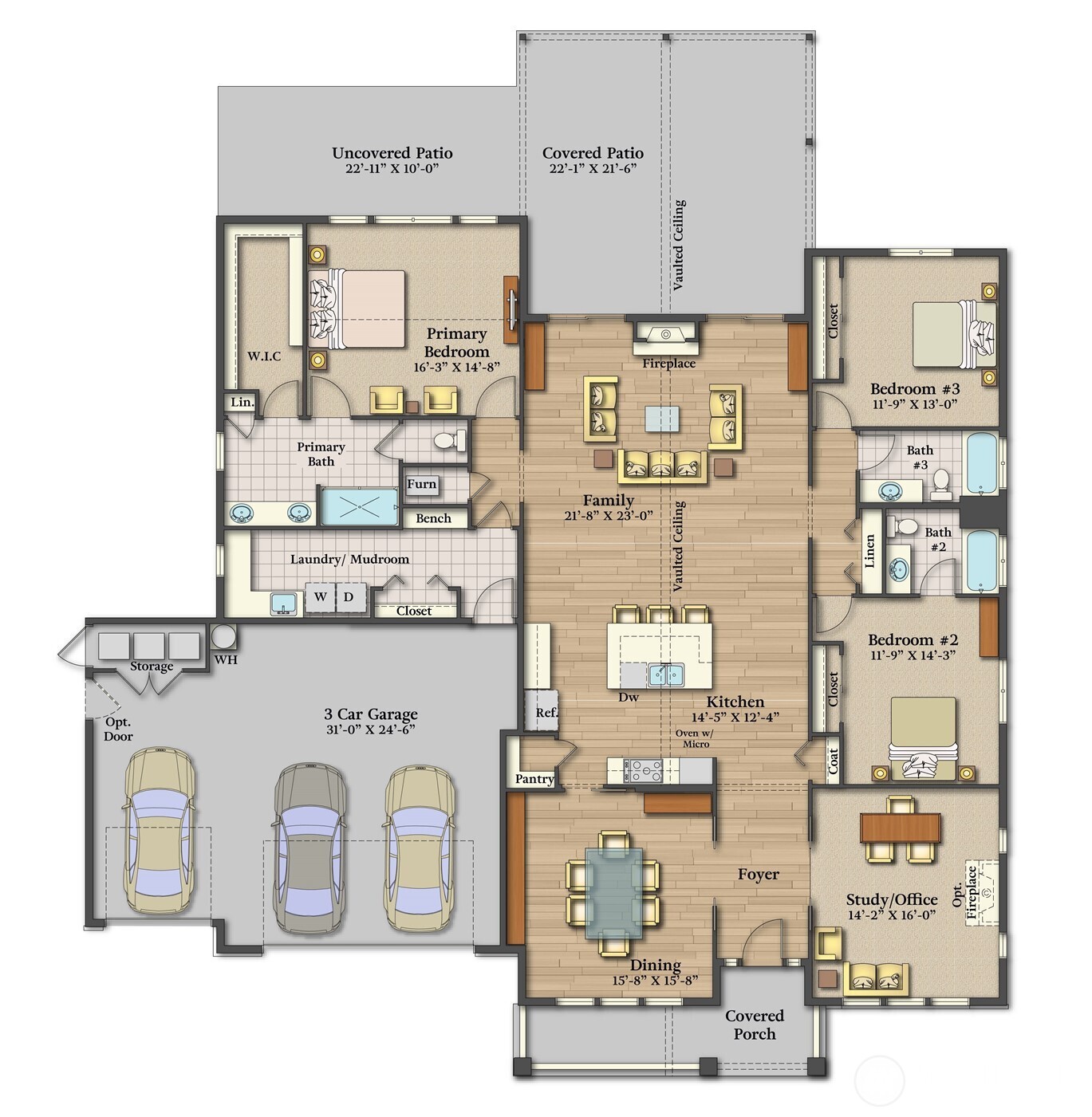 The Sydney floor plan offers 2,741 sq. ft. of thoughtfully designed indoor living space, plus an additional 837 sq. ft. of covered outdoor living—creating a seamless blend of indoor comfort and year-round mountain living.