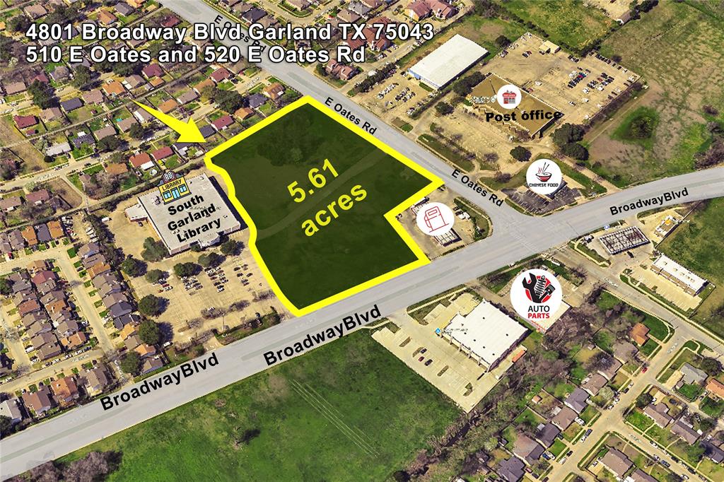SELLER FINANCING AVAILABLE! Come Build a Strip center, Convenience Store, Day Care, Veterinarian, Dental, Church, Senior Living, Medical, etc. This is a Great location for any Commercial Business wanting a Busy Location that fronts both Broadway & East Oates. There are 3 parcels next to the Library and Post Office and you are Centrally Located. The 3 parcels are 4801 Broadway Blvd (5.2486 acres), 510 E Oates Rd (.1764) and 520 E Oates Rd (.1920 acres). No Car washes. Survey is Available in transaction desk.