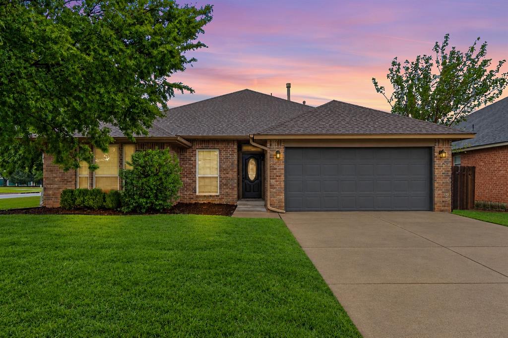 Here is an incredible opportunity to own a lovely, updated home in the heart of Edmond on a spacious .20-acre lot in Thomas Trails, located in an area served by highly acclaimed Edmond schools! The big-ticket items have already been taken care of, including fresh interior paint, brand-new carpet, a roof that is only 5 years old with a recent roof clearance, professional cleaning, fresh landscaping, trimmed trees, and new window screens, making this home truly move-in ready. A clear termite inspection with certificate is also available for added peace of mind. Just inside the entry, you'll find a dedicated study with double doors, abundant natural light, and a closet, making it perfect for a home office or optional fourth bedroom. Continue into the inviting semi-open floor plan where soaring ceilings and large windows create a bright, airy feel. A gas fireplace with a beautifully painted mantel and updated tile surround serves as the focal point of the living room. The dining area flows seamlessly into the kitchen, making entertaining easy. The kitchen offers white painted cabinetry, granite countertops, a neutral tile backsplash, a spacious pantry, and a brand-new gas range. The refrigerator, dishwasher, microwave, and dryer are all included. The primary suite is generously sized and features an ensuite with dual vanities, a soaking tub, separate shower with a new glass door, and a large walk-in closet. Two secondary bedrooms are thoughtfully separated from the primary suite and share a well-appointed hall bath with updated fixtures. Additional improvements include updated hardware throughout, new front and patio door locks, sprinkler system, garage door opener, and abundant storage. Step outside to enjoy a fully fenced, east-facing backyard, perfect for relaxing or entertaining. With quality updates already completed and every detail thoughtfully refreshed, all that's left to do is move in and make it yours. Come see why this Thomas Trails home feels like home!