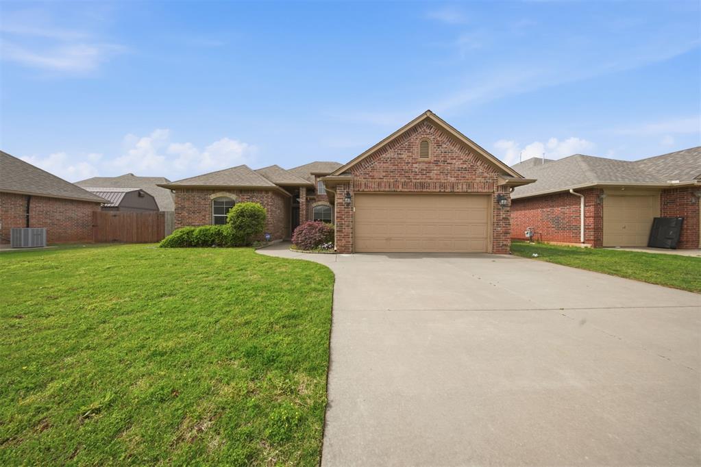 Located in a quiet and convenient area of Moore.  Home has easy access to Veterans Memorial Park, restaurants, shopping and highway access to I-35.  Only 20 mins to downtown OKC or Tinker.  This home features a grand entryway, formal dining area/flex space, central living space and open kitchen/dining area with breakfast bar all featuring stamped and stained concrete floors for easy maintenance.  Stainless appliances (Refrigerator remains).  Primary bedroom features hardwood floors and is separate from the secondary bedrooms that are the carpeted areas of the home.  The patio is extra large and would be ideal for entertaining.  Attached garage has a tandem space that would be great for outdoor "toys" i.e.: boat, jet-ski's, motorcycle etc.  Did I mention in floor storm shelter inside the garage?  Great for our fickle weather this time of year.   This one's ready and waiting for you!