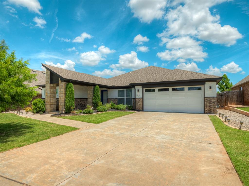 Welcome to this stunning 3-bedroom, 2-bathroom home with a dedicated study, located in the highly sought-after Red Canyon Ranch neighborhood. Boasting a stylish modern contemporary exterior, this home impresses from the moment you arrive. A spacious front porch with elegant stone pillars is framed by a serene flower bed, setting the tone for the comfort and beauty found inside. Step inside to a thoughtfully designed floor plan. The secondary bedrooms and study are positioned at the front of the home, offering privacy for the expansive primary suite located at the back. The living room is truly the heart of the home, featuring soaring cathedral ceilings with a rustic wood beam, abundant natural light from large windows, and a grand fireplace that adds warmth and charm. The open-concept chef’s kitchen is perfect for entertaining and everyday living, equipped with quartz countertops, ample cabinetry and counter space, built-in stainless steel appliances, & an oversized walk-in pantry. Beautiful wood-look flooring has been recently installed in the living room, study, all bedrooms, and even closets, enhancing both style and durability. The primary suite is a private retreat with a spacious layout, a generous walk-in closet, and a luxurious en-suite bathroom featuring dual vanities, a walk-in shower, and a soaking tub. Additional features include a functional mudroom with a built-in bench, a storm shelter in the garage for peace of mind, solar panels for energy efficiency and low utility bills, EV car charge outlet in the garage, and a new roof in 2022. The refrigerator and washer and dryer stay with the home as well! The backyard offers a covered patio and thoughtfully designed landscaping—perfect for relaxation or entertaining. Residents of Red Canyon Ranch enjoy a true community atmosphere with access to scenic walking trails, playgrounds, splash pad, ponds, and a soccer field. Don’t miss the opportunity to make this beautiful, move-in ready home your own!