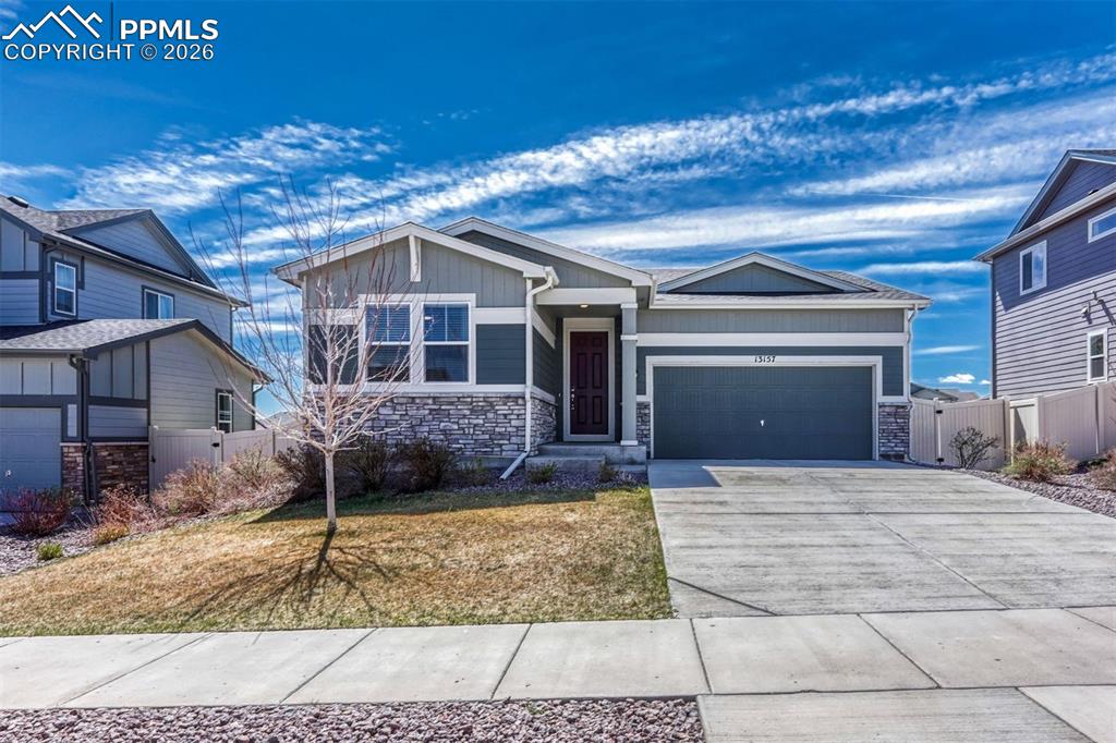 Experience the ease and comfort of single-level living in this beautifully maintained ranch-style home, built in 2020 and presenting like new. Thoughtfully designed with both style and functionality in mind, this home features an array of modern upgrades including granite countertops, upgraded cabinetry, designer lighting, luxury vinyl plank flooring, and stainless steel appliances.Step outside to a professionally landscaped backyard, perfect for both relaxing and entertaining, complete with a spacious oversized patio, manicured lawn, and a custom built-in fire pit ideal for Colorado evenings.Located in the highly sought after Meridian Ranch community and within the well respected Falcon School District 49, residents enjoy access to exceptional amenities including expansive parks, scenic trails, open space, a full-service recreation center, The Fieldhouse, swimming pool, nearby shopping and dining, and a premier golf course.Whether you're purchasing your first home, looking to simplify your lifestyle, or relocating, this move-in-ready property offers the perfect blend of comfort, convenience, and community.