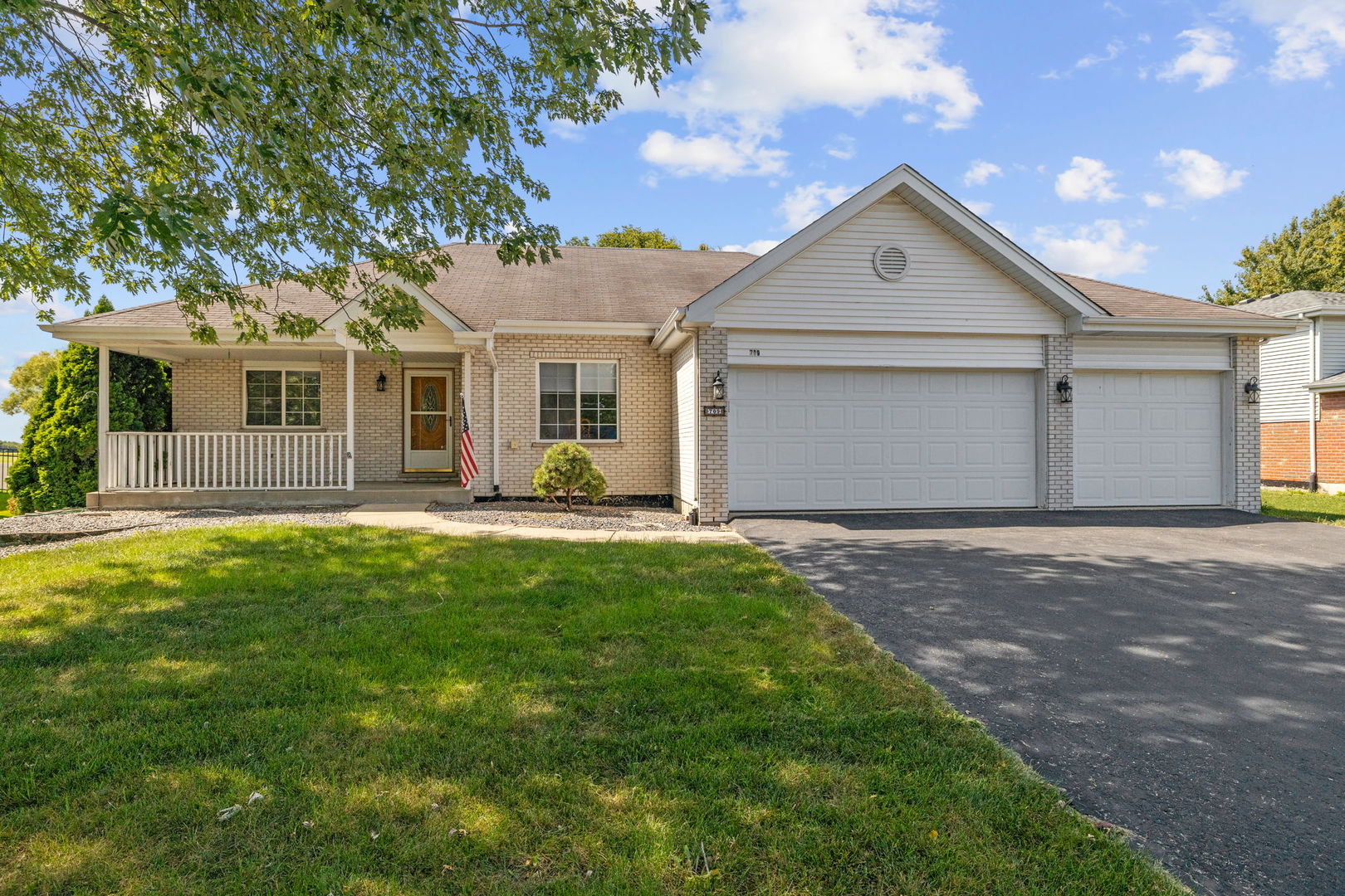 Rarely available, true ranch in a fantastic location! This move-in ready home offers 3 bedrooms, 3 full bathrooms, and a 3-car garage; all set on a private, fully fenced yard with mature trees. The welcoming front porch sets the tone before you even step inside. Through the front door and into the spacious foyer, you'll immediately notice the thoughtful details throughout. Hardwood floors flow across the main level, leading to a dining room accented with coffered ceilings, wainscoting, and crown molding. The family room impresses with its vaulted ceilings and cozy gas fireplace, while the eat-in kitchen offers granite countertops, stainless steel appliance with still plenty of room for a table. All three bedrooms are generously sized, with the primary suite serving as a true retreat, complete with a spa-like bathroom featuring an oversized walk-in tiled shower with dual shower heads, custom cabinetry, and a walk-in closet. Laundry is conveniently located on the main level a well. The full basement provides endless possibilities for additional living space and already includes a finished den/office with access to the third full bathroom. Step outside to enjoy your private backyard, complete with mature trees and direct access to the walking trail just beyond your fence. The location is unbeatable! Set within award-winning school districts and within walking distance to New Lenox Commons, Plank Trail, parks, schools, shopping, dining, and more! Updates to note: new HVAC (2023) and new washer/dryer (2022). Don't miss your chance to make this remarkable home in an incredible location yours today!