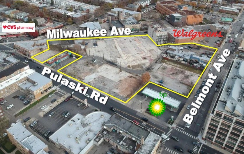 Incredible development opportunity. Belmont Triangle site in Avondale. Approx. 3.28 acres parcel at Belmont Ave, Milwaukee Avenue and Pulaski Road.  | Strauss Realty, Ltd. is proud to offer a rare opportunity to redevelop a substantial, 3.28 acre contiguous site in the heart of Avondale-bordered by Pulaski Road (20K VPD), Belmont Avenue (16K VPD), and Milwaukee Avenue (17K VPD). This prominent parcel is ideally suited for a higher-density, mixed-use development that could include residential units, a grocery store, restaurants, bars, entertainment venues, or even a lifestyle center with community-focused retail. Formerly home to industrial buildings, small businesses, and auto-related uses, the site is now largely vacant -creating a noticeable gap in Avondale's commercial landscape. Recognizing its potential, the previous alderman supported zoning changes to allow for four- to five-story buildings, signaling readiness for revitalization. There is strong community support for redevelopment, with the shared goal of transforming the "Belmont Triangle" into a vibrant, mixed-use destination that reflects the neighborhood's character and needs. A 2022 survey revealed that most respondents access the site by walking or driving, and expressed strong interest in open spaces along with dining and retail options. In 2022, the Department of Planning and Redevelopment designed three schemes (see brochure). As nearby neighborhoods like Logan Square and Bucktown continue to rise in cost, Avondale is becoming an increasingly attractive alternative for residents and investors alike. Demand for both residential and commercial uses remains strong, positioning this site for significant returns. The site offers outstanding accessibility and exposure, with easy access to transportation including I-90/94, the Belmont Blue Line station, and the Irving Park Metra station. The surrounding neighborhood features a mix of community assets such as schools, churches, and a range of active retail establishments, reinforcing the site's potential for impactful mixed-use development. Nearby tenants include Las Islas Marias, Walgreen's, CVS, HR Block, BP Gas, AT&T Store, McDonald's, PNC Bank, shops, laundry and dining. Development incentives include eTOD, NOF, TIF, LIHTC, federal subsidies grants and loans, Cook County Tax Incentives for Class 7A, 7B and L properties. The population within 1 mile is 44,014 with 17,021 households and average household income of $97,116.