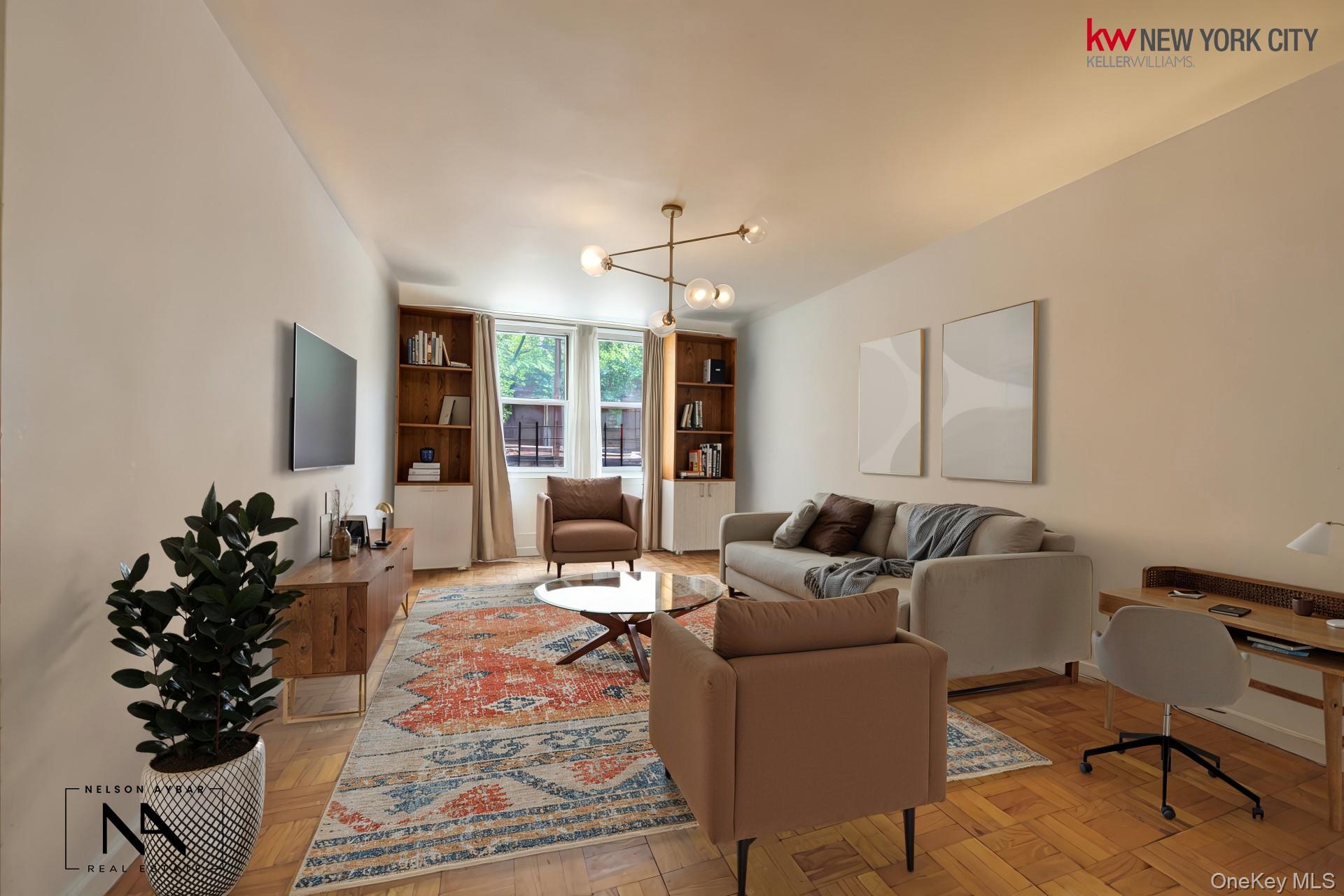 Tucked into the heart of historic Sunnyside Gardens, Apt 103 at Sunnyside Towers offers a rare blend of space, flow, and storage that's genuinely hard to find, all wrapped in the charm of one of Queens' most established, tree-lined neighborhoods.Step through the front door and you're welcomed directly into a defined dining area. To the left, the primary bedroom comfortably accommodates a king-size bed with room to spare, and between it and the rest of the apartment, you'll find an incredible six closets, a rare luxury in prewar-style co-op living.Wander back through the dining area, and the apartment opens into a massive living room, large enough for a full living room setup plus enough room for a dedicated workstation, all bathed in southern exposure natural light.Just off to the side sits a fully renovated, pass-through kitchen outfitted with stainless steel appliances, a gas range, a built-in microwave, and a dishwasher, staying connected to the living space so you're never cooking in isolation.Tucked privately off the kitchen, the second bedroom offers a flexible layout well-suited to a home office, nursery, guest room, or growing family's second bedroom a quiet retreat set apart from the apartment's main living spaces.Sunnyside Towers is a stable elevator building known for a close-knit resident community and amenities that hold their own against newer construction:~ Heated outdoor swimming pool and BBQ/lounge area~ Beautifully landscaped private gardens with pergolas, patios, and seating throughout the grounds~ On-site laundry facilities~ Bike storage, storage room, exercise room, and a live-in superintendent~ Membership access to the exclusive Sunnyside Gardens Park, a 3.5-acre private oasis just steps away, offering tennis courts, playgrounds, sprinklers, a running/bike track, a baseball field, a basketball court, and a handful of annual community eventsThis is a rare chance to plant roots in this landmarked Sunnyside Gardens historic district known for its picturesque, tree-lined streets and true neighborhood feel. Just a block or two away, Skillman Avenue delivers Sunnyside's best local shopping and dining options like The Skillman Restaurant, Claret Wine Bar, Makina, and the newly opened Mriga, plus nightlife with a plethora of bars, while Queens Boulevard and Northern Boulevard add even more retail, supermarkets, BJ's, and restaurant options nearby. Residents also enjoy a Saturday market stocked with local produce, small-batch bakeries, and cafés just around the corner.Commuting into Manhattan is effortless, with the 7 train at 46th Street–Bliss Street just moments away, offering a direct ride into Midtown in about 15 minutes. The Q32 and Q60 buses, plus nearby Citi Bike stations, round out an already excellent transit picture.Virtual staging demonstrates furniture placement possibilities. Contact for your private viewing.
