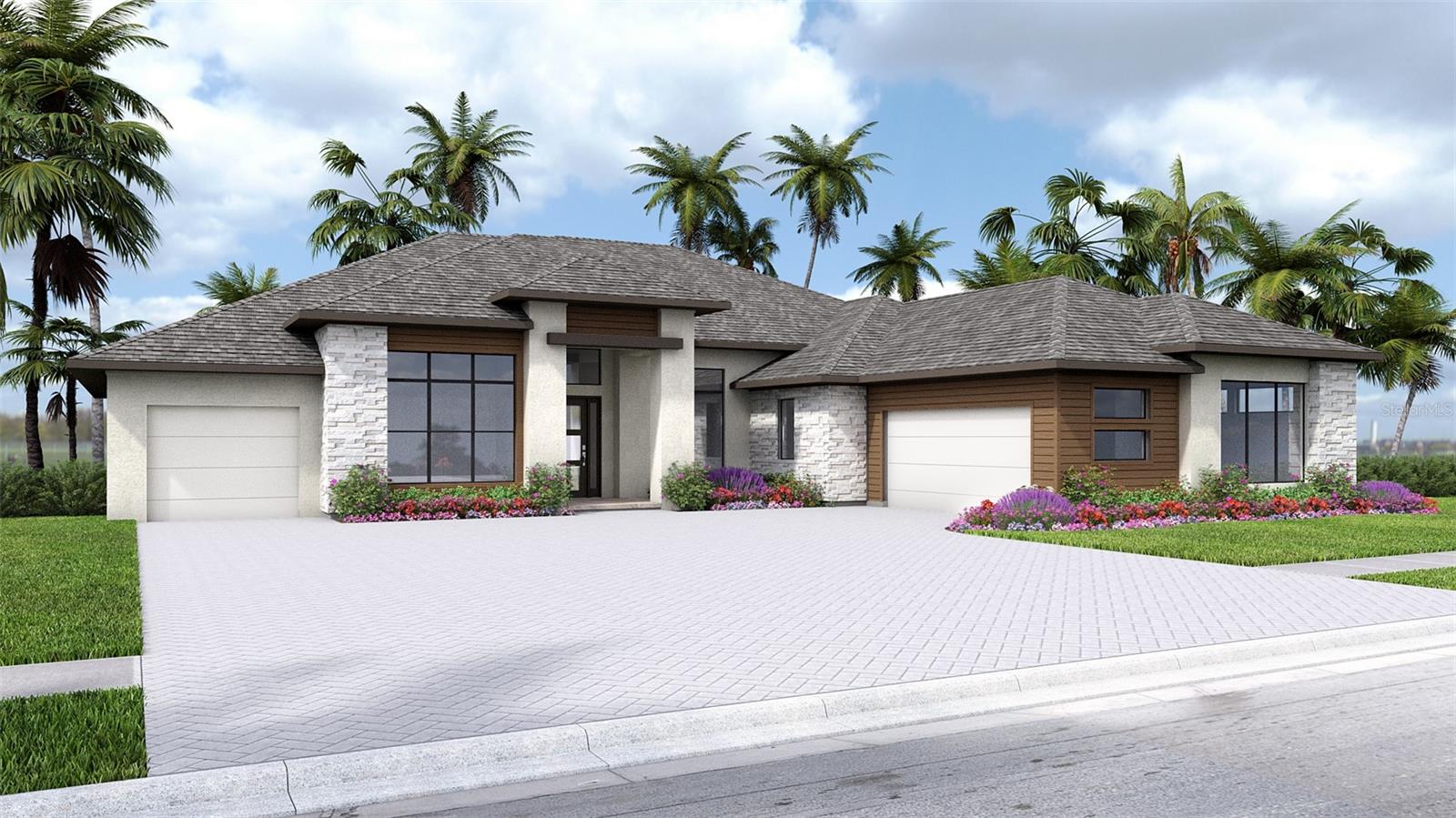 Under Construction. The covered front porch opens to an entryway with a coffered 14-foot ceiling. A private home office with front yard views is located just off the entry. The family room features a cast stone fireplace and a wall of windows with a sliding glass door that opens to a backyard covered lanai. The kitchen, equipped with a 6-burner gas cooktop, an island with built-in seating, ample counter space, and a walk-in pantry, flows seamlessly into the dining area, which overlooks a backyard cabana. A full bathroom is conveniently located between the dining area and the primary suite. Just off the family room is the game room, enhanced with a corner wall of windows and a sliding glass door that provides access to the backyard. The primary suite is a tranquil retreat with a wall of windows. French doors lead to the primary bathroom with two walk-in closets, a linen closet, dual vanities, a freestanding tub, and a large glass-enclosed shower. Each secondary bedroom includes a private bathroom and a walk-in closet. The three-car split garage offers an additional storage area.