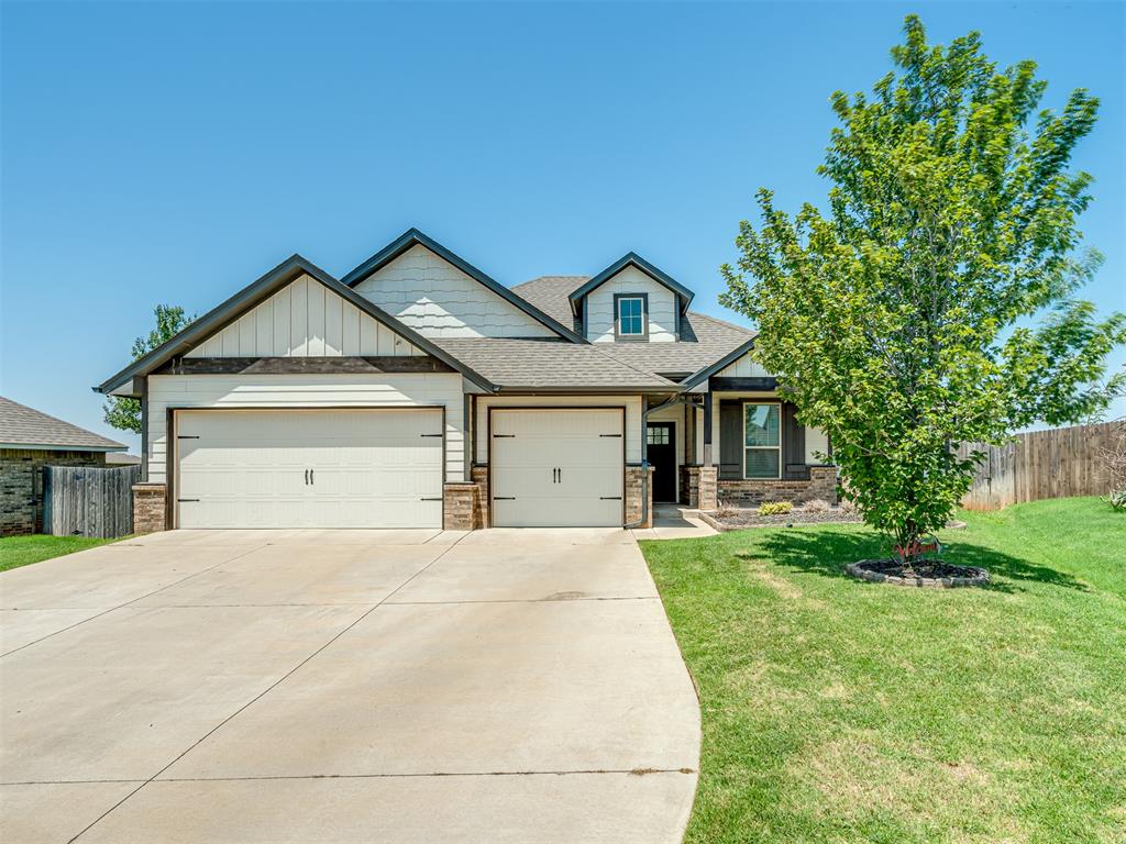 Welcome to The Grove! Located within the award-winning Deer Creek School District. Built in 2020, this beautifully maintained home offers the perfect blend of thoughtful upgrades, functional design, and everyday comfort. Step inside to find wood-look tile flooring throughout the entire home, creating a seamless and durable living space. The open-concept layout centers around a spacious living room featuring a stacked stone gas fireplace and three large windows overlooking the backyard, complete with custom motorized blinds. The kitchen is designed for both style and function with cabinetry extending to the ceiling, additional storage on the back side of the oversized island, under-cabinet lighting, and a generous walk-in pantry. The split floor plan provides privacy with the primary suite tucked away from the secondary bedrooms. The spacious primary bedroom features a tray ceiling and an ensuite bathroom with double vanities, a jetted tub, and an oversized walk-in closet complete with three rows of hanging racks and built-in shelving. Attached to the walk-in closet you will find the laundry room. With double entrances, this annoying chore will be easier on you! On the opposite side of the home, two secondary bedrooms and a full bathroom are situated behind a sliding door, creating a private guest or children's wing, while the fourth bedroom offers flexibility for a home office, gym, or additional guest space. Step outside to enjoy the covered back patio featuring a wood-burning fireplace, gas hookup for your grill, and a fully fenced backyard with direct gate access to the neighborhood recreation area complete with a playground, basketball court, and two kiddie pools. Additional features include a sprinkler system, an epoxy-coated garage floor, tankless water heater, and an in-ground storm shelter. Every detail has been thoughtfully maintained, making this move-in ready home an exceptional opportunity in one of Edmond's most desirable communities.