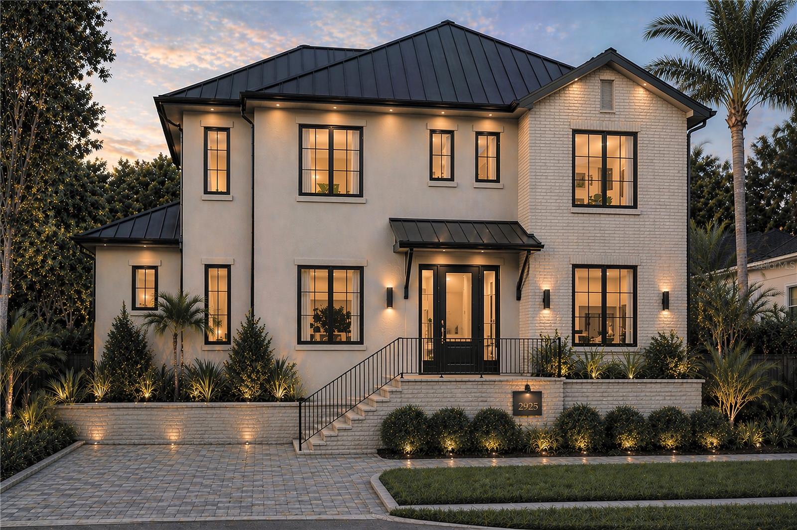 Under Construction. On a quiet stretch of Bayshore Beautiful, just steps from Bayshore Boulevard, Crescent Homes is completing a residence that feels collected rather than built. Expected spring 2027, 2925 W Alline Ave greets you with soft cream stucco and painted brick beneath a black standing-seam metal roof, lantern light framing a custom iron and glass double entry door. Step inside and the palette warms: wide-plank engineered hardwood, flawless Level 5 smooth walls, 8' solid-core doors with matte black hardware. To the left, an office behind double French doors; to the right, Bedroom 5, the only bedroom downstairs, with its own ensuite bath. Ahead, the great room and dining area open beneath a linear brass chandelier of textured glass, leading to a kitchen composed in cream and warm walnut-tone cabinetry, Kalahari Blue natural stone climbing to a full-height backsplash, brass pendants and champagne-bronze fixtures. Fridge and freezer columns, an induction range, an island made for gathering and a 6' deep walk-in pantry. Then the house opens up! The pool is raised to meet the home, so the covered lanai, with its tongue-and-groove ceiling and outdoor kitchen of gas grill, vented hood, beverage fridge and Amazzon stone, flows straight onto travertine decking, pool and spa, with a long grass run beyond. A pool bath with patterned tile and a brass-studded round mirror is steps away. Out back, rare rear street access from W Asbury Place reaches a 3-car garage (2-car plus tandem) with epoxy floor, EV pre-wire and an impact Wi-Fi door, joined by 2 driveway spaces. The same entrance leads privately to the upstairs Bonus Room, a studio in navy cabinetry and Fantasy Lux stone with a kitchenette/wet bar, dishwasher, under counter fridge and full bath, also reached from the main home by the prewired double entry elevator shaft. Upstairs, wood treads and black iron balusters rise beneath an alabaster three-tier chandelier to an open landing. Each of the four bedrooms has its own ensuite bath and walk-in closet, and laundry lives here too, with a sink and stone counters. The primary suite is the quiet finale: his and hers walk-in closets, a morning bar in walnut tones and Kalahari Blue, and a bath of marble-look walls, a freestanding soaking tub, dual vanities and a shower with two heads plus a handheld. Every bath carries its own designer palette, from deep navy glazed tile to soft sculpted neutrals, with tile to the ceiling, frameless glass and a Schluter waterproofing system behind it all. What you won't see matters just as much. The home rises on an engineered stem wall, with all-block construction on both floors, insulated interior walls and open-cell spray foam insulation along the roofline and between floors for a quieter, more efficient home. Impact Low-E windows and doors, tankless gas water heaters with recirculation, 400-amp service with a generator transfer switch, Wi-Fi thermostats, wireless access points and speaker pre-wire round it out. Every finish was chosen by Crescent's in-house NCIDQ-certified interior designer, and it shows. Minutes from the shops and dining of Hyde Park Village and moments from the waterfront walkway along Bayshore Boulevard, this is South Tampa living at its best, in one of the most sought-after neighborhoods of a city that keeps on growing.