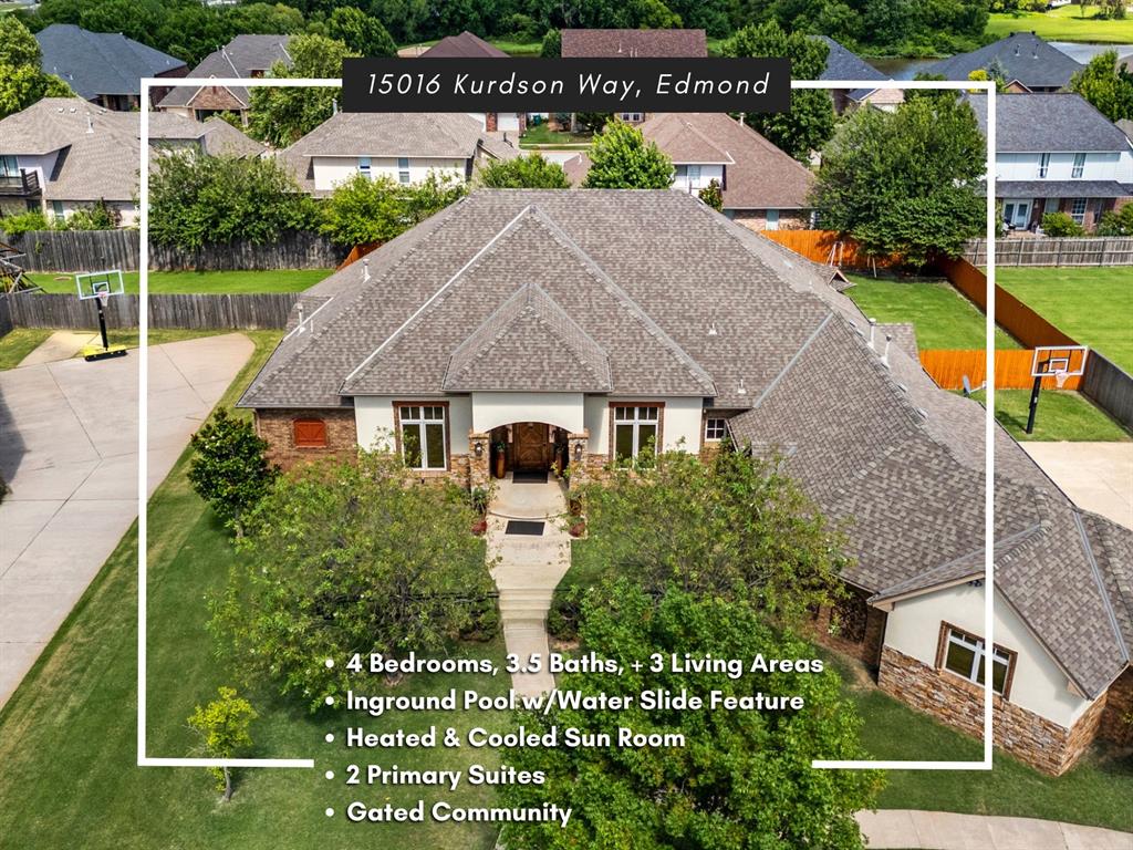 If you want the convenience of being close to amenities (mall, turnpike, Chisholm Creek, all major dining, Home Depot, Sams, Costco, Target, and Mercy Hospital) while experiencing elegance and privacy, don't miss out on this highly sought-after gated community of Oakmond Addition. This remodeled executive home sits on a nearly 1/2 acre lot with an in-ground pool complete with a waterfall feature and rock slide. Includes two master suites with walk-in closets! Upgrades include new carpet, fresh paint, newer hot water heaters, a professional basketball goal, granite countertops, an in-ground storm shelter, updated light fixtures, sunroom and custom wine bar. When you walk in the door, you are met with 14' ceilings, custom wine bar feature for the "upscale feel"! If you need a gym, office, or third entertaining space, you will appreciate the professionally installed Champion sunroom with heat and air. The wrap-around windows give a perfect view of your pool. (Note the square footage includes this ** 304 sf (mol) sunroom with heat/air). Don't miss out on this beautifully appointed home.
