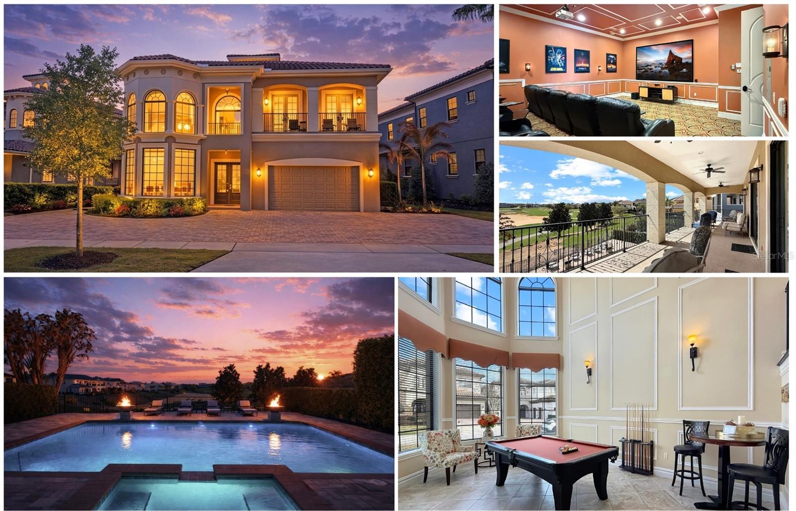 Open To View During The Easter Holiday,  Come And Tour This Extraordinary Mediterranean-inspired estate perfectly positioned on one of the most coveted oversized homesites on Legends Corner, showcasing breathtaking views of the Jack Nicklaus Signature Golf Course and a true resort-style outdoor oasis.Recently refreshed with thoughtful upgrades including a newly expanded brick-paver driveway, enhanced landscape lighting, rain gutters, and a freshly painted exterior, this home immediately sets the tone for luxury living.The south-facing pie-shaped homesite is the true centerpiece, offering all-day sunshine across the expansive pool terrace and unobstructed golf course views that stretch toward the evening sky. Lounge by the private resort-style pool, gather around the dramatic dual fire bowls, or unwind as the sun sets across the fairways — creating a setting that feels like your own private five-star retreat.Outdoor entertaining is effortless with a covered outdoor kitchen featuring a built-in grill and refrigerator, while the covered lanai with HDTV and comfortable seating provides the perfect setting for alfresco dining, game days, and unforgettable evenings with family and friends.Inside, a dramatic two-story foyer and elegant wood and wrought-iron staircase introduce a home designed for both grand entertaining and relaxed resort living. The light-filled loft lounge, framed by floor-to-ceiling windows, offers a stylish gathering space complete with pool table, HDTV, and multiple seating areas overlooking the home’s stunning surroundings.The chef-inspired kitchen features a five-burner gas range, double ovens, and generous prep space, seamlessly connecting to the dining area and main living space — all oriented to capture views of the outdoor oasis.Entertainment reaches a new level in the private theater room, featuring 12 plush reclining seats and a high-definition projection system, delivering an immersive cinematic experience right at home.The main-floor primary retreat offers a peaceful sanctuary with hand-scraped wood flooring, crown molding, and private access to the outdoor living area, complemented by a spa-style bath with soaking tub, walk-in shower, and oversized closet.Upstairs, four additional ensuite bedrooms provide luxurious accommodations for family and guests. Two of the suites share access to the expansive balcony overlooking the golf course, where morning coffee and sunset views become part of your daily routine.Adding a playful touch, the themed “Aloha Room” invites guests into a tropical escape with bunk beds, vibrant island décor, a spacious lounge area, and a private bath, creating an unforgettable space for younger visitors and the young at heart.This is more than a home — it is a private luxury resort experience, where breathtaking views, exceptional outdoor living, and elegant interiors come together to create the ultimate golf and lifestyle retreat.