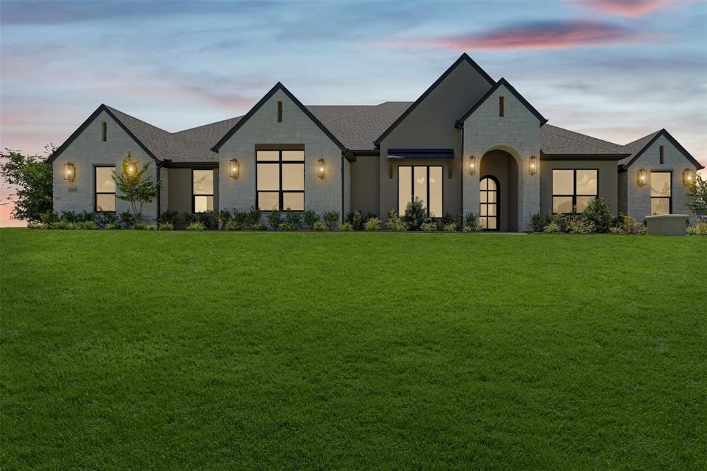 Showcase of Homes 1st place winner! Modified Cape May Signature Series by Couto Homes. Welcome to 2212 Cotton Tail Way — a stunning new construction home nestled on over 2 acres in the sought-after Putteet Hill Ranch subdivision, just off Highway 377. Thoughtfully designed with 3,519 sq ft of single-story living, this 4-bedroom, 3.5-bath home also features a dedicated study, & a spacious game room. From the moment you arrive, the painted brick and natural White Austin stone exterior with a black metal awning and iron front door make a lasting impression. Step inside to full-arch walkthrough openings, engineered wood floors, and a show-stopping living room anchored by a coffered ceiling, gas fireplace with floor-to-ceiling White Austin stone, and a white oak floating mantel. The chef's kitchen is appointed with knotty alder custom cabinetry, quartz countertops, a quartz apron-front sink, 5-burner gas cooktop, double ovens, drawer microwave, pull-out spice & utensil cabinets, and TWO islands — all finished in brushed gold Moen fixtures. The primary suite is a true retreat with a spa-inspired bath featuring a beach-entry shower, frameless glass enclosure, freestanding soaking tub, and warm brushed gold fixtures throughout & a closet that dreams are made of! Built for comfort and efficiency: open-cell foam insulation, radiant barrier OSB roof decking, 14 SEER HVAC with electric heat pump, Honeywell WiFi thermostat, water well, aerobic septic, and a gas stub-out for your future outdoor kitchen. Both the front and back covered porches feature tongue-and-groove stained board ceilings — the perfect place to take it all in. The epoxy-floored 3-car garage and side driveway offer plenty of room for guests and hobbies. Ideally located just off Highway 377, you'll enjoy peaceful country living with an easy commute to the Metroplex. Come see it — life happens here!