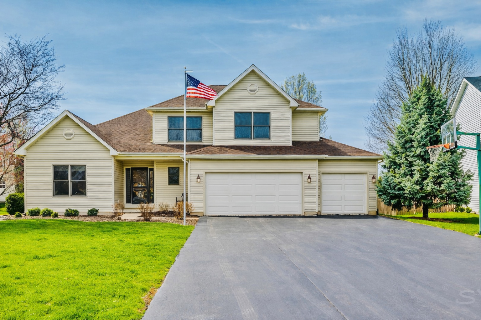 Welcome to this exceptional and beautifully maintained 5-bedroom, 3.5-bathroom turnkey home located in the highly sought-after Deerpath Creek neighborhood. Featuring an oversized 3-car garage, this property truly stands out from the rest. Upon entry, you're greeted by gleaming real hardwood floors and impressive 18-foot ceilings that create a bright, open, and inviting atmosphere and 9 ft ceilings most of the main floor. The foyer flows seamlessly into a versatile flex room and a spacious formal dining room-perfect for hosting holidays or easily converting into a home office or playroom. The updated kitchen is designed for both everyday living and entertaining, showcasing stainless steel appliances, a subway tile backsplash, high-end granite countertops, and a large island with breakfast bar seating. An additional breakfast nook provides even more dining space. The kitchen opens to a sun-drenched, south-facing family room where you can relax by the cozy fireplace. The entire main level was thoughtfully updated in 2020, including recessed lighting, fresh paint, hardwood flooring, and custom blinds. Upstairs, you'll find four generously sized bedrooms, some of which feature fresh paint, ceiling fan fixtures, and functional layouts and a vaulted ceiling. The hall bath was just updated with trending neutral colors, new fixtures, and a beautiful vanity. The primary suite offers elegant tray ceilings and a spacious ensuite bath complete with a brand-new tiled shower and neutral finishes throughout. The fully finished basement expands your living space even further, offering a large recreation area, a fifth bedroom ideal for guests or an in-law arrangement, a full bathroom, and a convenient kitchenette. Storage is abundant with an oversized mechanical room perfect for seasonal items and more. Additional highlights include main-level laundry-eliminating the need for basement trips-and thoughtful functionality throughout the home. Step outside to your peaceful and tranquil backyard and enjoy outdoor living on the brand-new, expansive wood deck-perfect for entertaining, relaxing, and summer BBQs, large and extra wide driveway nestled on a low traffic Cul-De-Sac street. This move-in-ready home offers space, style, and versatility. You can be the next to cherish and enjoy it as much as its owners have over the past 20 years.